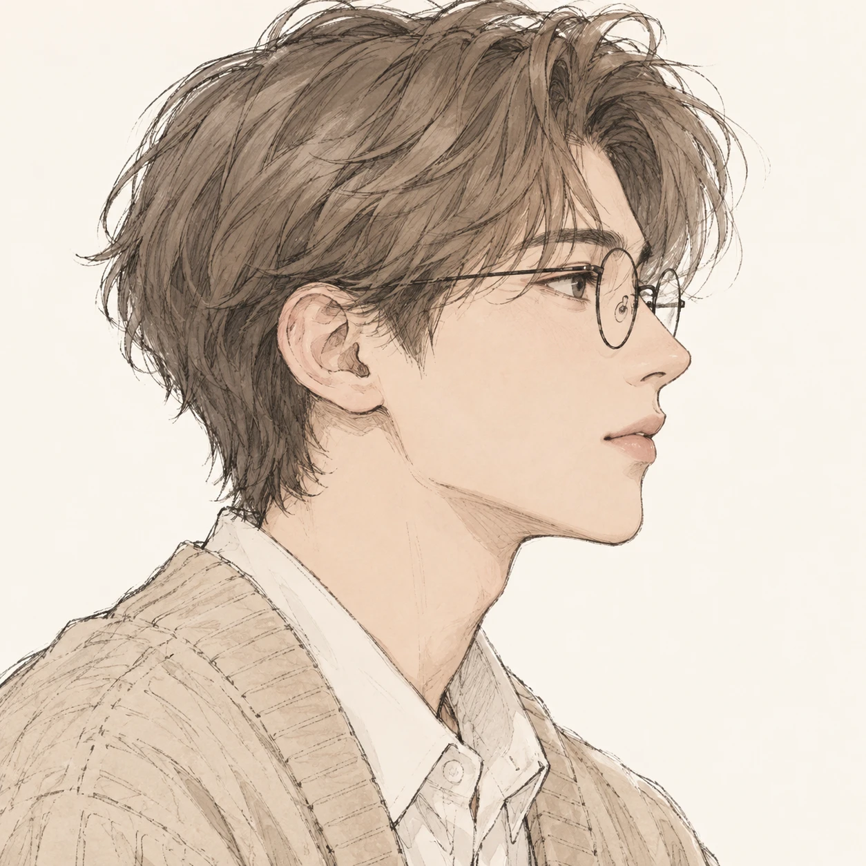 無地を背にした横向きのカーディガンと眼鏡の男性のイラスト（手描き風）