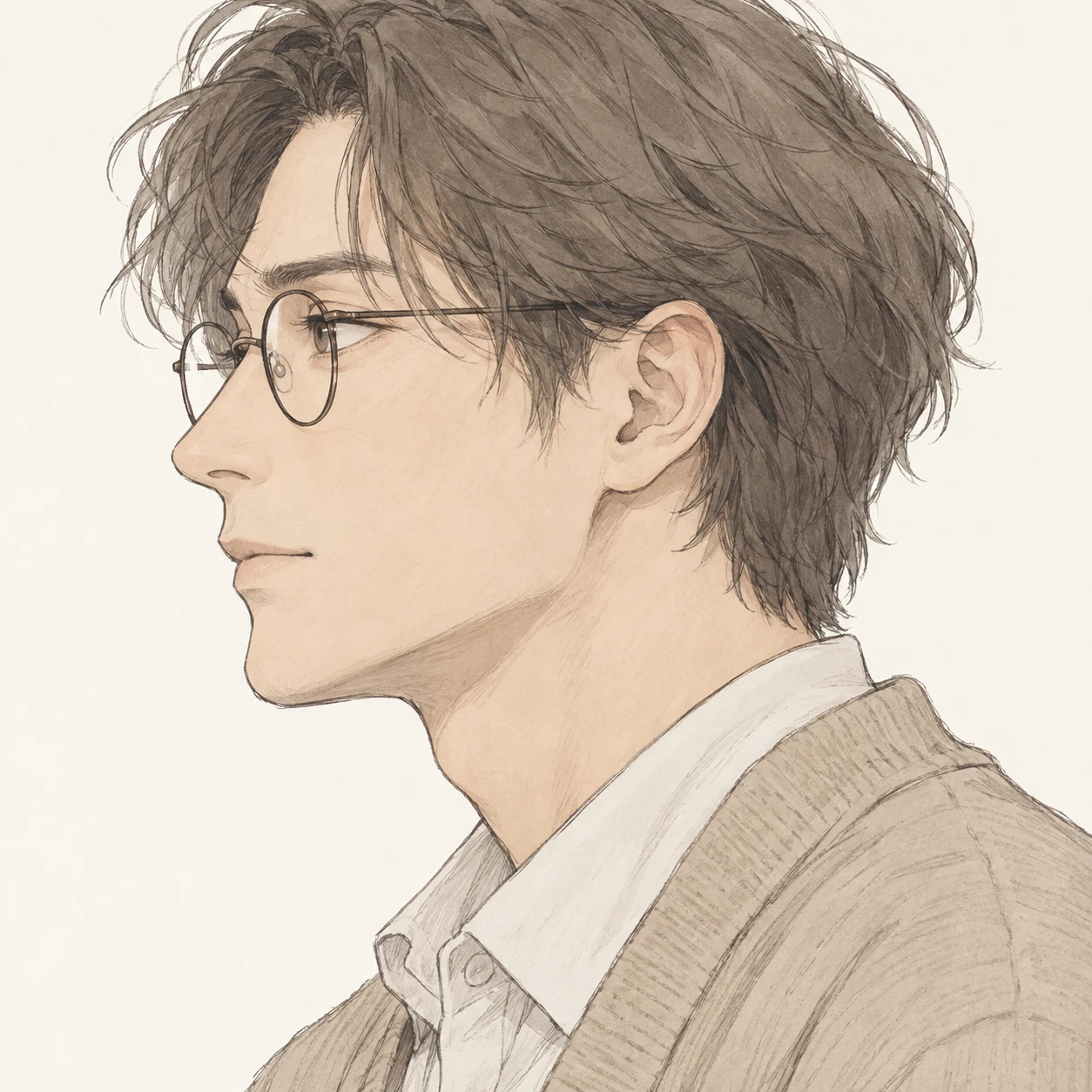 Illustration of one man in a soft beige cardigan with round glasses and ash brown hair, his head and shoulders seen in full profile from the side with his gaze level ahead and a calm closed-mouth expression, closely cropped so the head and shoulders fill most of the picture, hands not visible, a plain pale background behind him, the lower edge left as empty background with nothing written on it (hand-drawn)