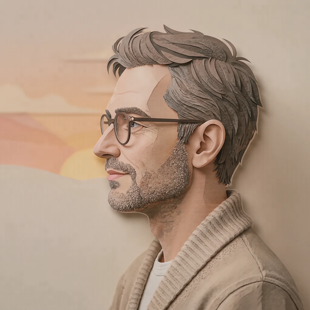 Illustration of one man in a soft beige cardigan with round glasses and ash brown hair, his head and shoulders seen in full profile from the side with his gaze level ahead and a calm closed-mouth expression, closely cropped so the head and shoulders fill most of the picture, hands not visible, a plain pale background behind him, the lower edge left as empty background with nothing written on it (paper cut-out)