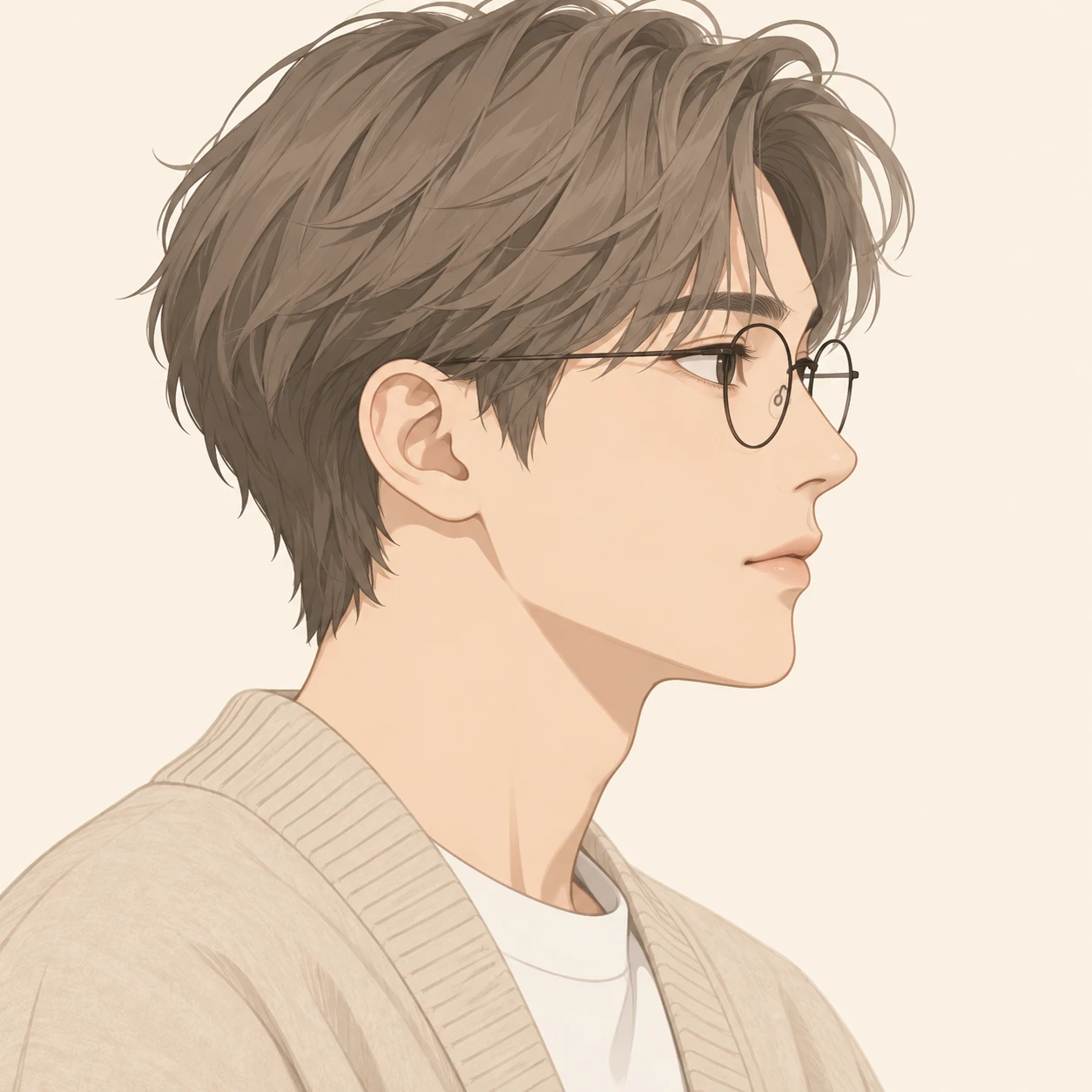 無地を背にした横向きのカーディガンと眼鏡の男性のイラスト（フラットイラスト）