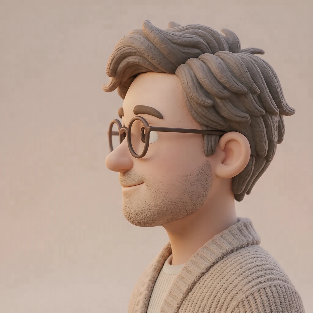 Illustration of one man in a soft beige cardigan with round glasses and ash brown hair, his head and shoulders seen in full profile from the side with his gaze level ahead and a calm closed-mouth expression, closely cropped so the head and shoulders fill most of the picture, hands not visible, a plain pale background behind him, the lower edge left as empty background with nothing written on it (soft 3D)