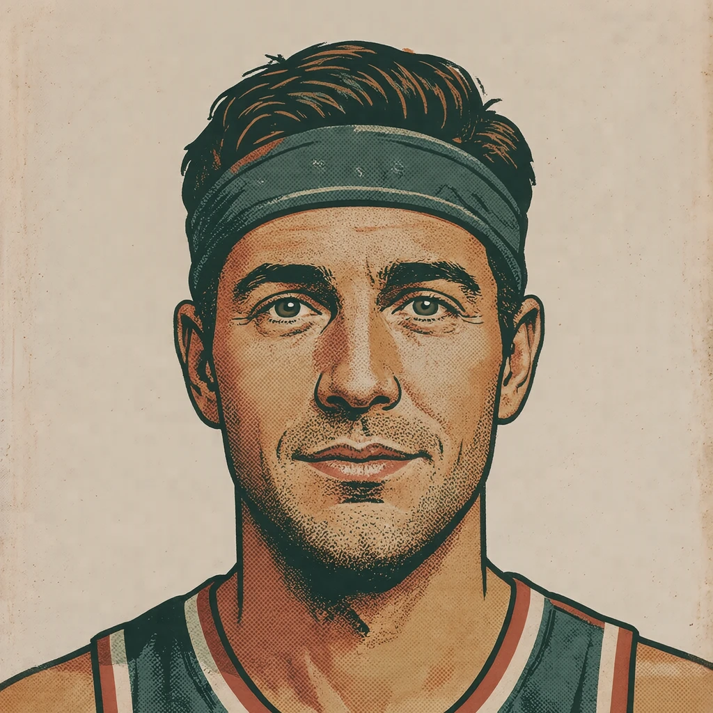 Illustration of one man in a sports top with a headband over short dark hair, his head and shoulders seen straight from the front with both eyes looking at the viewer and a calm closed-mouth expression, closely cropped so the head and shoulders fill most of the picture, hands not visible, a plain pale background behind him, the lower edge left as empty background with nothing written on it (retro print)