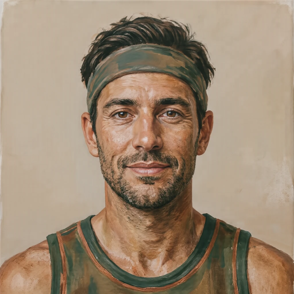 Illustration of one man in a sports top with a headband over short dark hair, his head and shoulders seen straight from the front with both eyes looking at the viewer and a calm closed-mouth expression, closely cropped so the head and shoulders fill most of the picture, hands not visible, a plain pale background behind him, the lower edge left as empty background with nothing written on it (gouache)