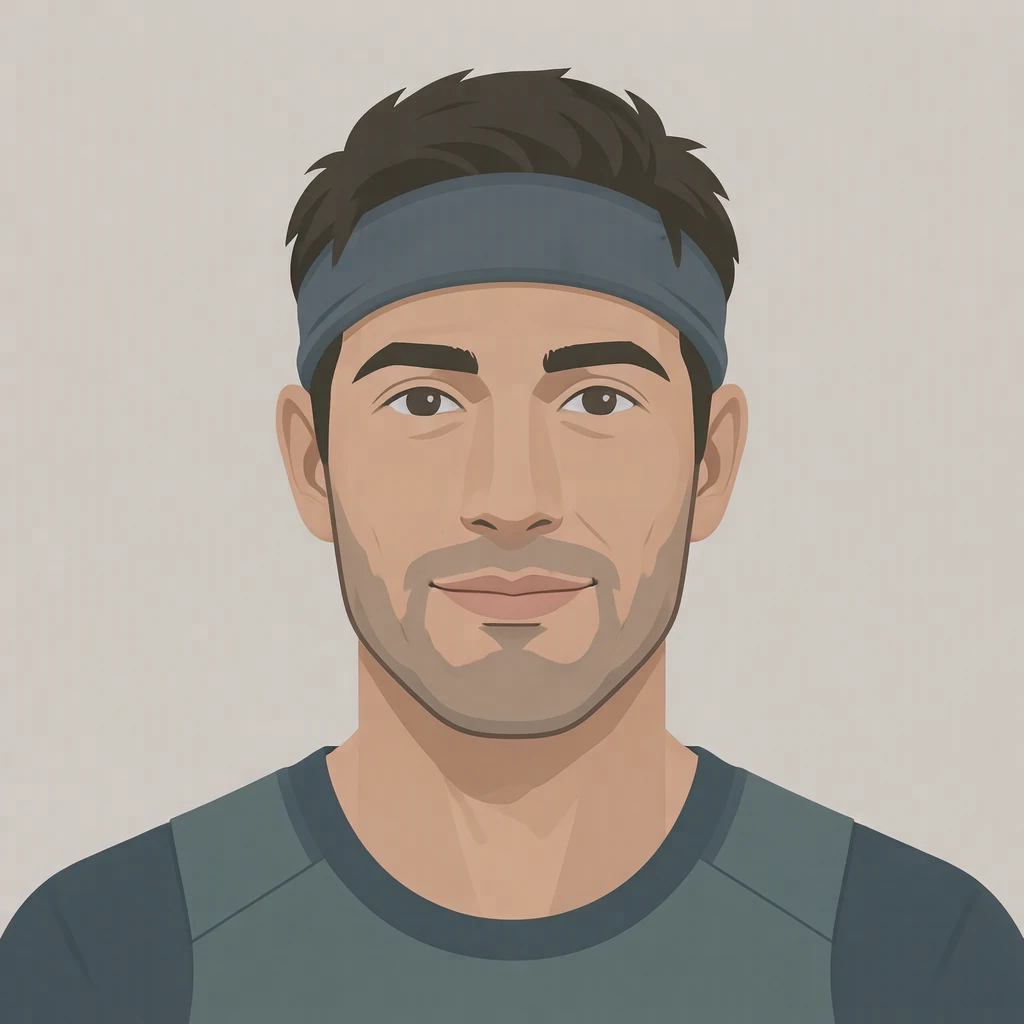 Illustration of one man in a sports top with a headband over short dark hair, his head and shoulders seen straight from the front with both eyes looking at the viewer and a calm closed-mouth expression, closely cropped so the head and shoulders fill most of the picture, hands not visible, a plain pale background behind him, the lower edge left as empty background with nothing written on it (flat illustration)