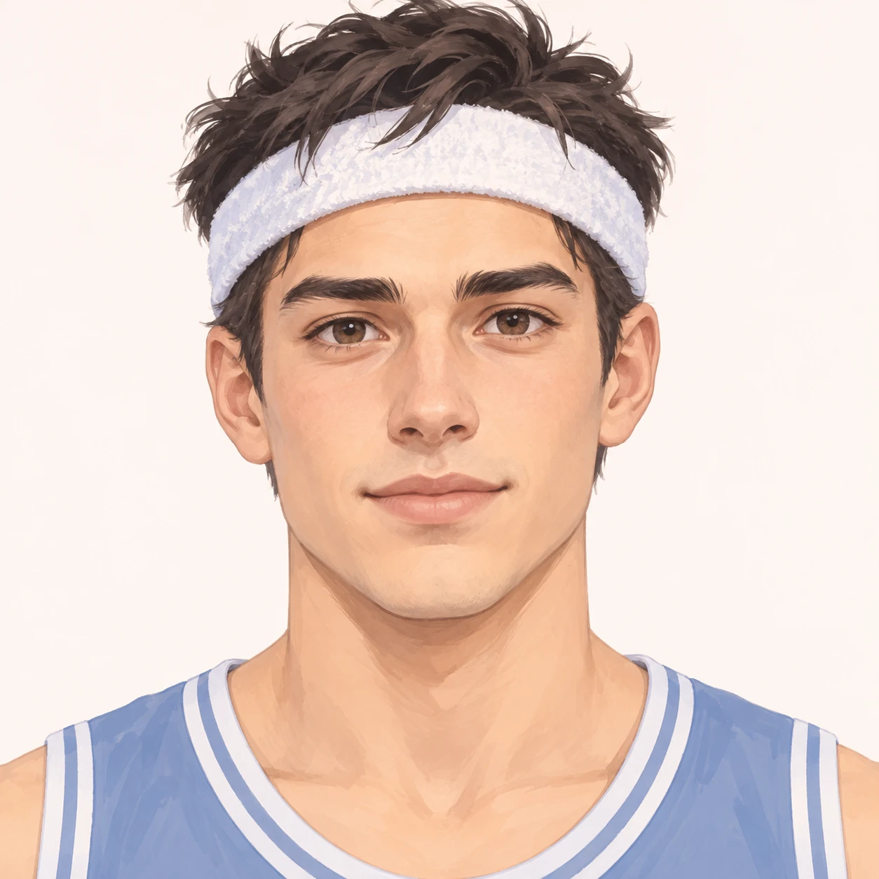 無地を背にした正面向きのスポーツウェアとはちまきの男性のイラスト（ソフトパステル）