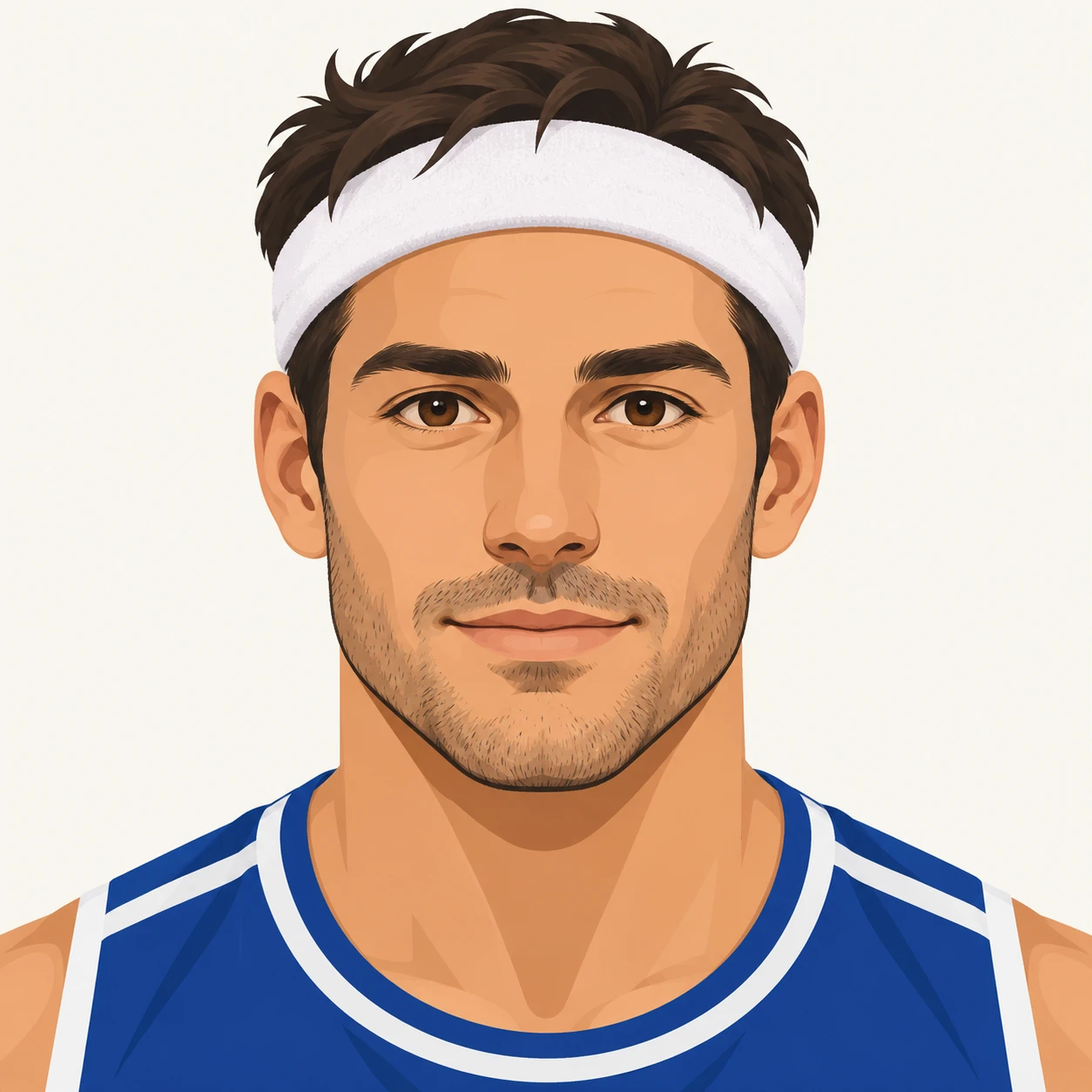 Illustration of one man in a sports top with a headband over short dark hair, his head and shoulders seen straight from the front with both eyes looking at the viewer and a calm closed-mouth expression, closely cropped so the head and shoulders fill most of the picture, hands not visible, a plain pale background behind him, the lower edge left as empty background with nothing written on it (flat illustration)