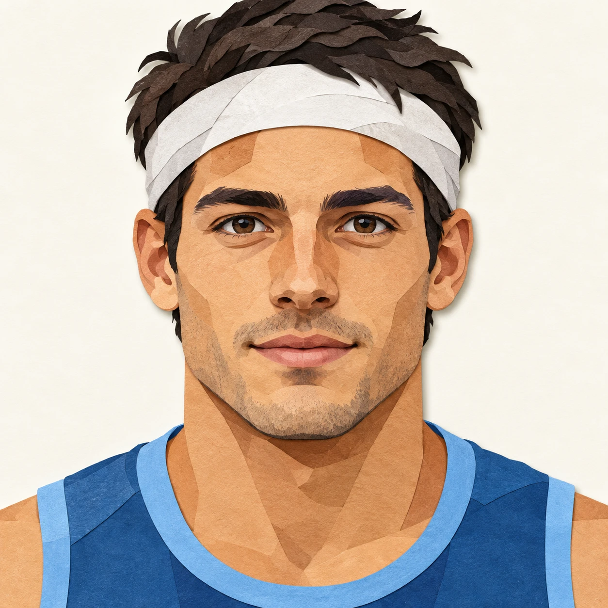 Illustration of one man in a sports top with a headband over short dark hair, his head and shoulders seen straight from the front with both eyes looking at the viewer and a calm closed-mouth expression, closely cropped so the head and shoulders fill most of the picture, hands not visible, a plain pale background behind him, the lower edge left as empty background with nothing written on it (paper cut-out)