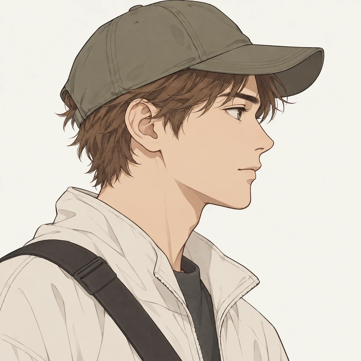 無地を背にした横向きのキャップとショルダーバッグの男性のイラスト（シンプル線画）