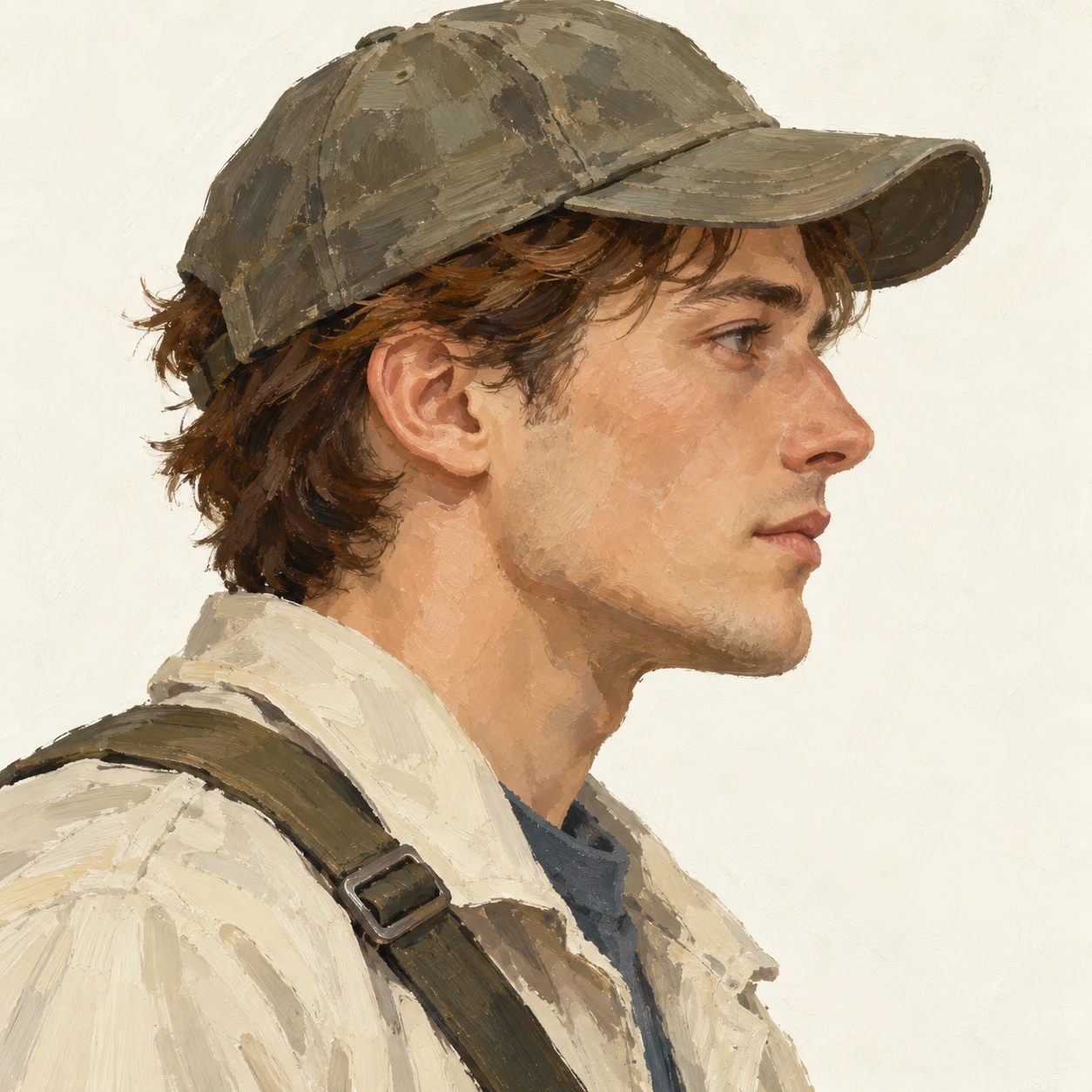 Illustration of one man in a cap and a light jacket with a shoulder bag strap across his chest and chestnut hair, his head and shoulders seen in full profile from the side with his gaze level ahead and a calm closed-mouth expression, closely cropped so the head and shoulders fill most of the picture, hands not visible, a plain pale background behind him, the lower edge left as empty background with nothing written on it (gouache)