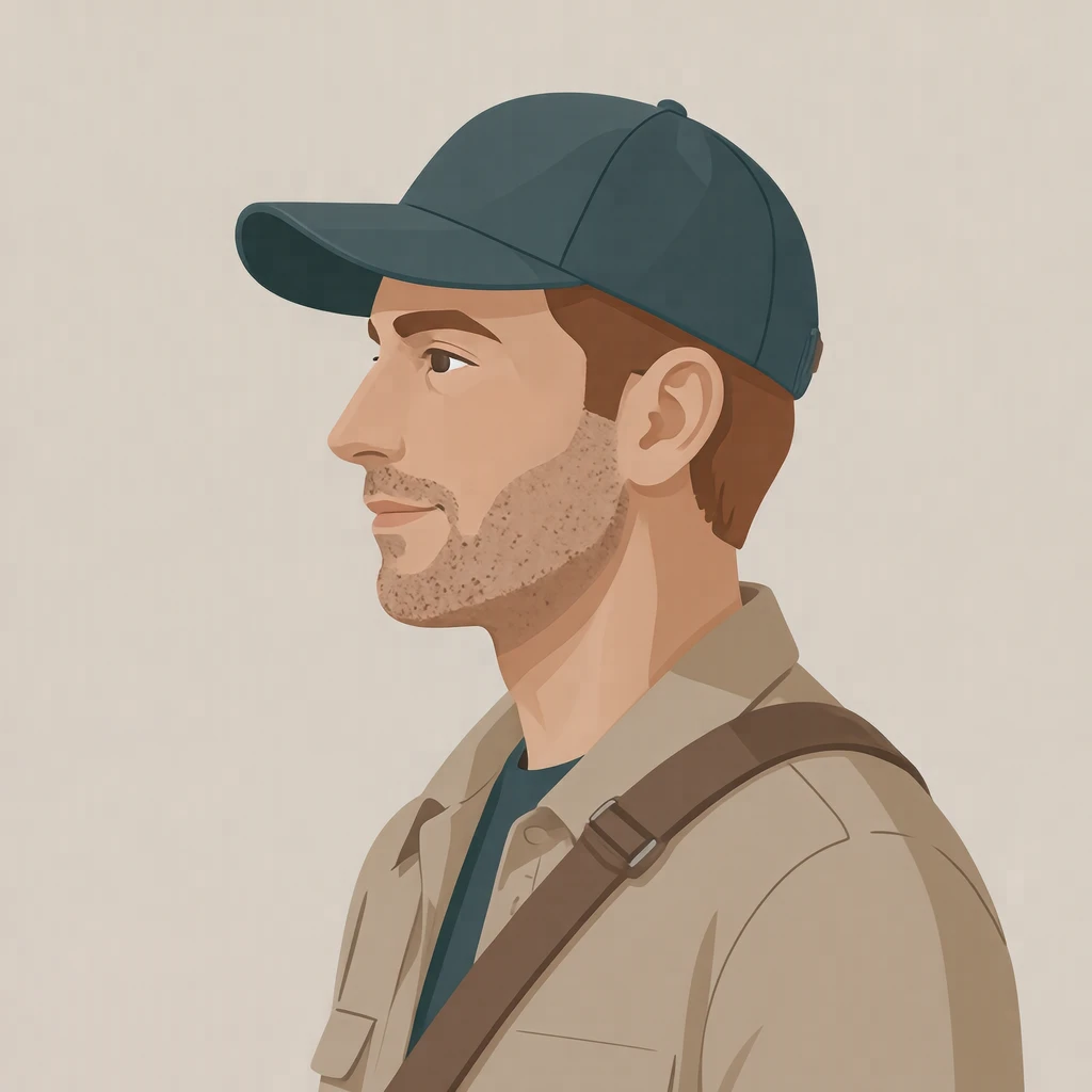 Illustration of one man in a cap and a light jacket with a shoulder bag strap across his chest and chestnut hair, his head and shoulders seen in full profile from the side with his gaze level ahead and a calm closed-mouth expression, closely cropped so the head and shoulders fill most of the picture, hands not visible, a plain pale background behind him, the lower edge left as empty background with nothing written on it (flat illustration)