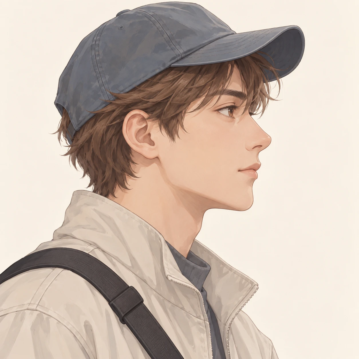 無地を背にした横向きのキャップとショルダーバッグの男性のイラスト（ソフトパステル）