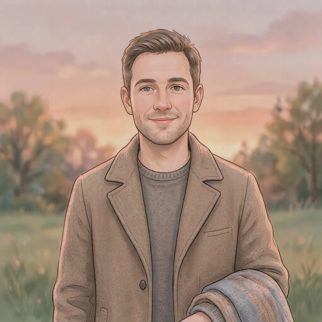 Illustration of one man in a plain outdoor coat carried over one arm with short tidy hair, his head and shoulders seen straight from the front with both eyes looking at the viewer and a calm closed-mouth expression, closely cropped so the head and shoulders fill most of the picture, hands not visible, a plain pale background behind him, the lower edge left as empty background with nothing written on it (soft pastel)