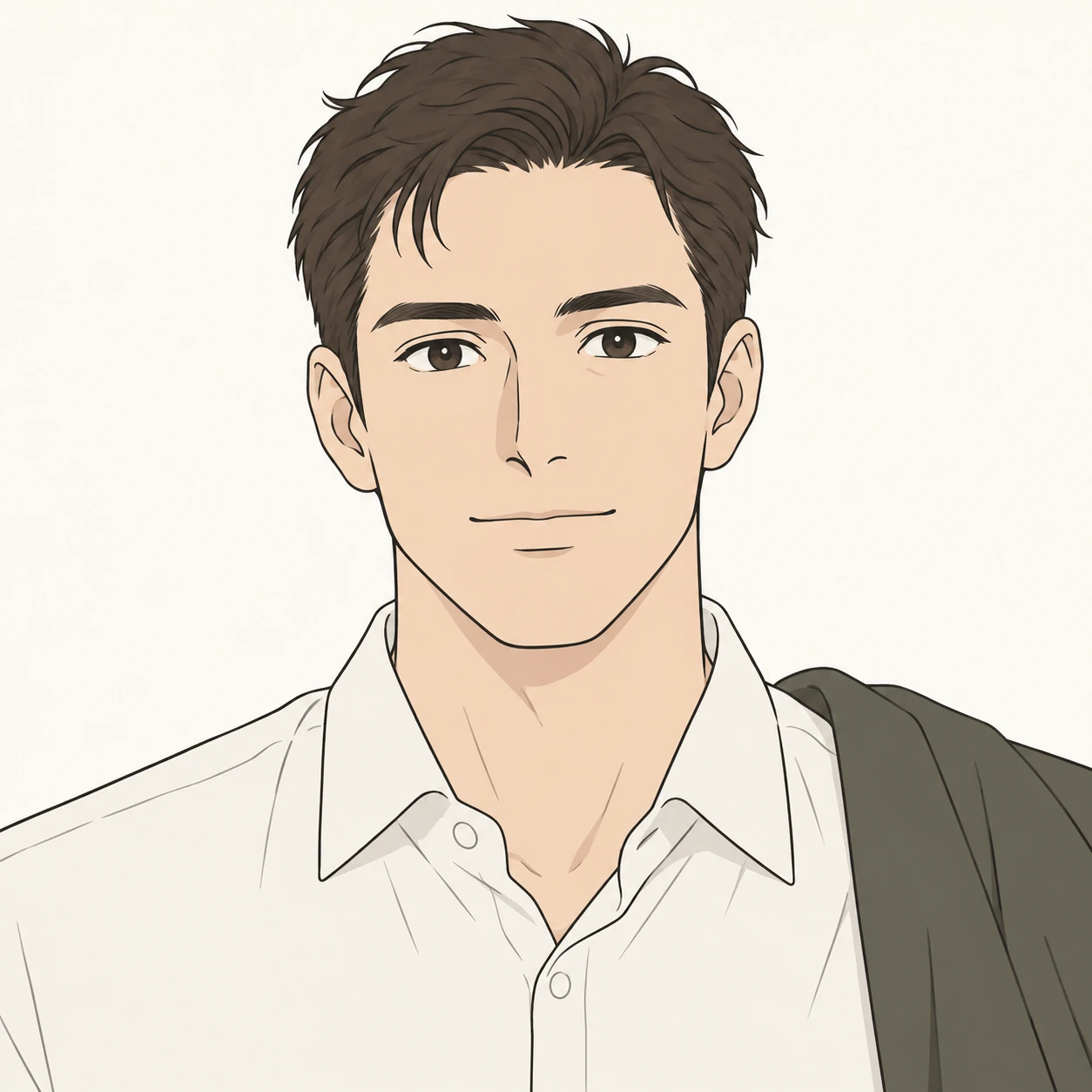 無地を背にした正面向きの来客のコートの男性のイラスト（シンプル線画）