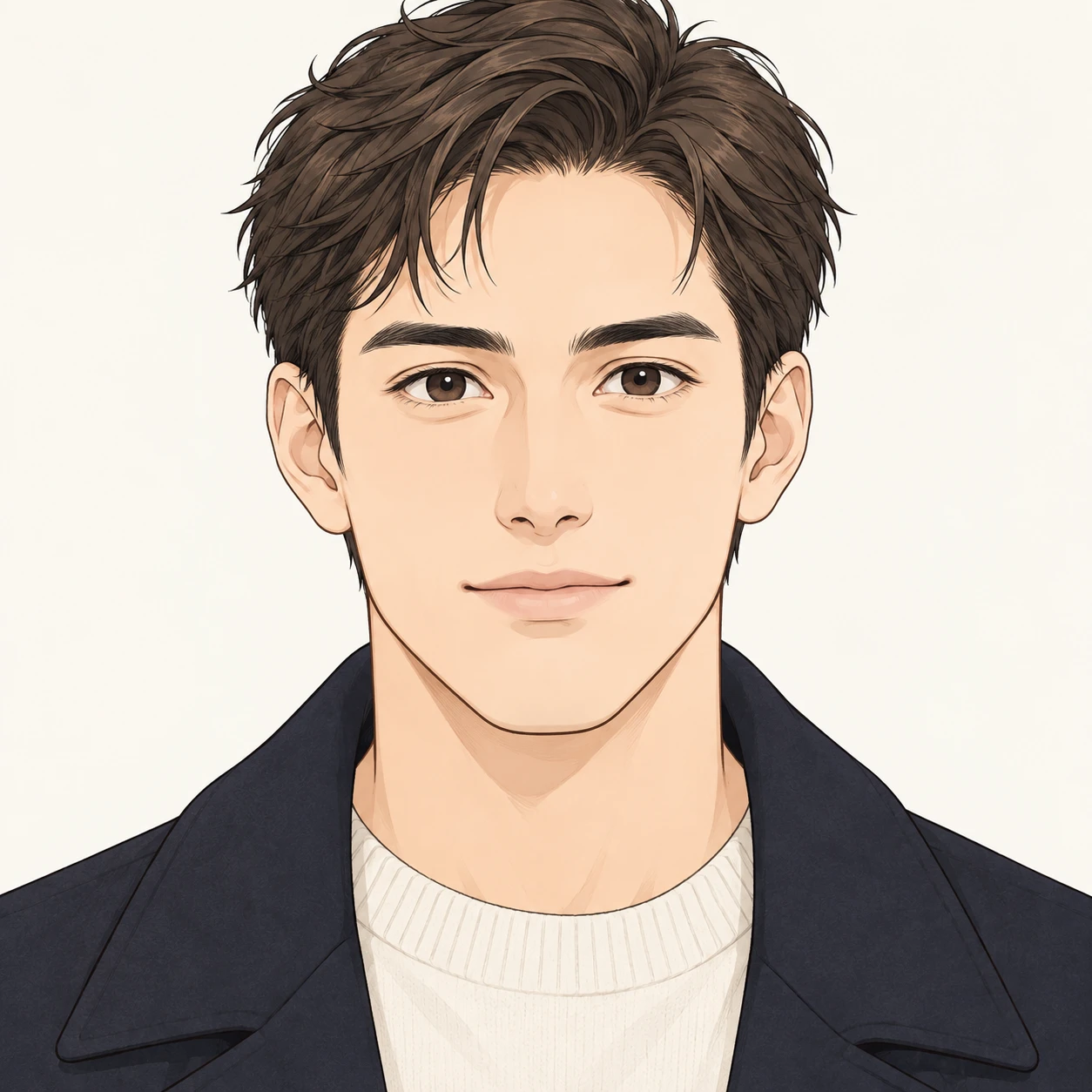 Illustration of one man in a plain outdoor coat carried over one arm with short tidy hair, his head and shoulders seen straight from the front with both eyes looking at the viewer and a calm closed-mouth expression, closely cropped so the head and shoulders fill most of the picture, hands not visible, a plain pale background behind him, the lower edge left as empty background with nothing written on it (simple line art)