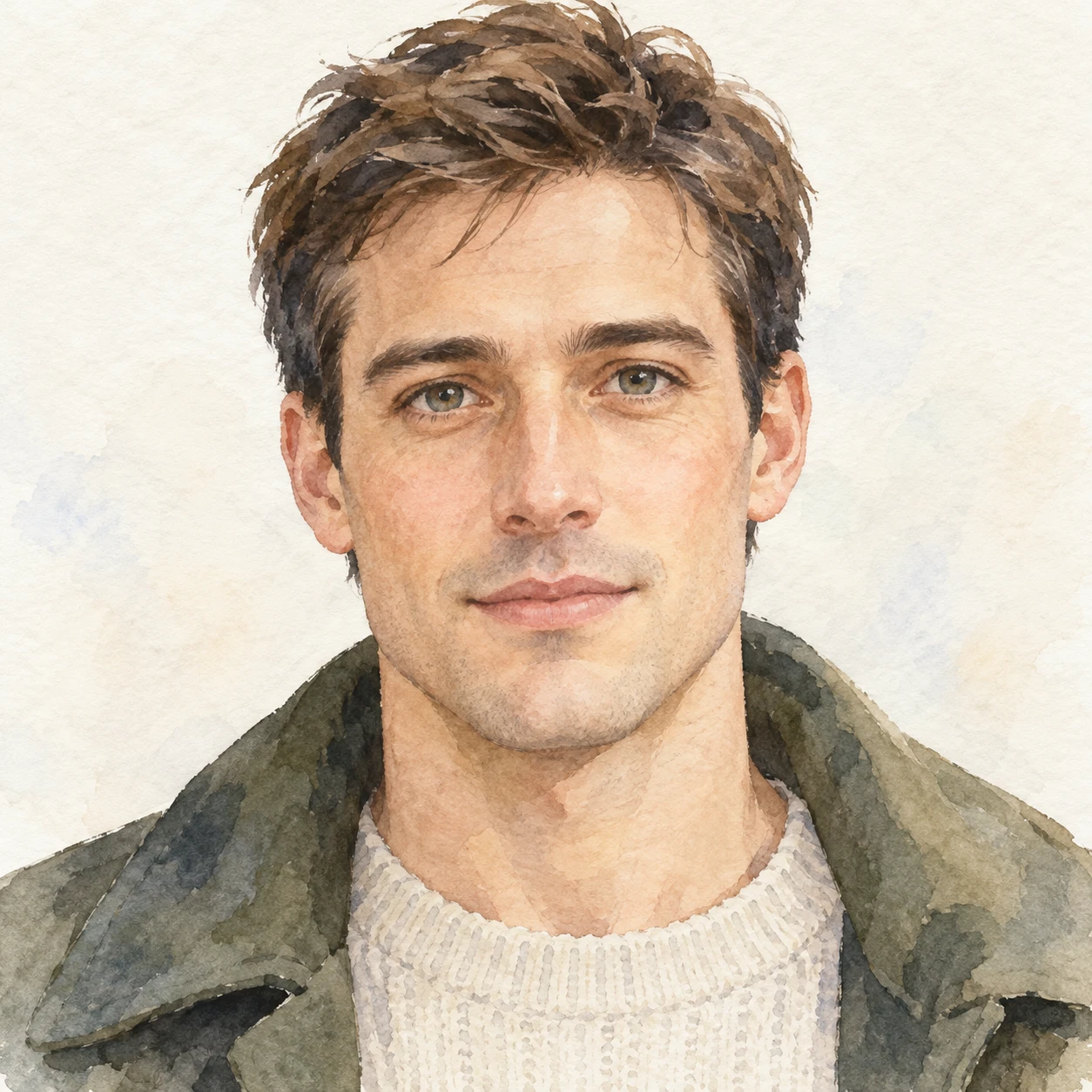 Illustration of one man in a plain outdoor coat carried over one arm with short tidy hair, his head and shoulders seen straight from the front with both eyes looking at the viewer and a calm closed-mouth expression, closely cropped so the head and shoulders fill most of the picture, hands not visible, a plain pale background behind him, the lower edge left as empty background with nothing written on it (watercolor)