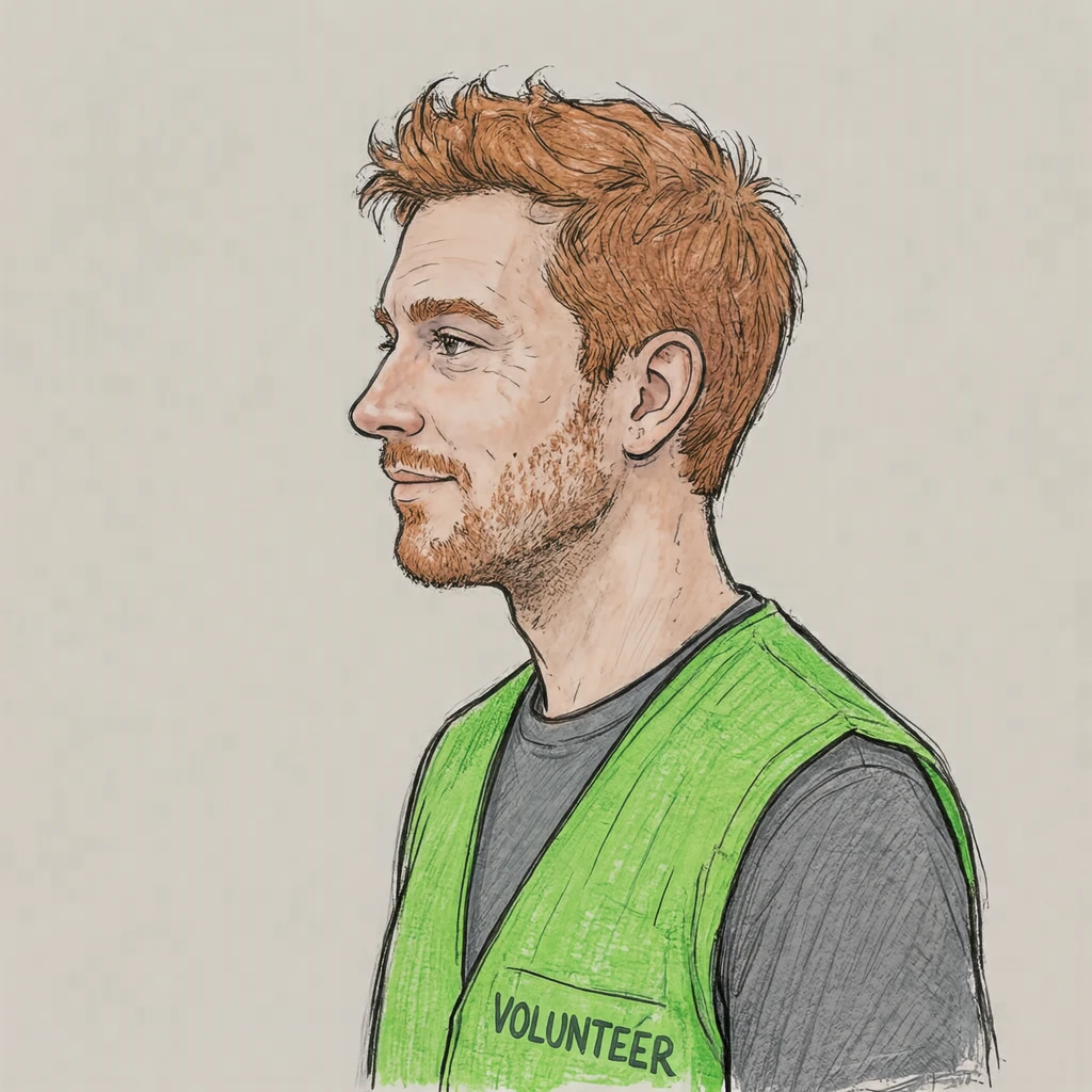 Illustration of one man in a bright green volunteer vest over a t-shirt with ginger hair, his head and shoulders seen in full profile from the side with his gaze level ahead and a calm closed-mouth expression, closely cropped so the head and shoulders fill most of the picture, hands not visible, a plain pale background behind him, the lower edge left as empty background with nothing written on it (hand-drawn)
