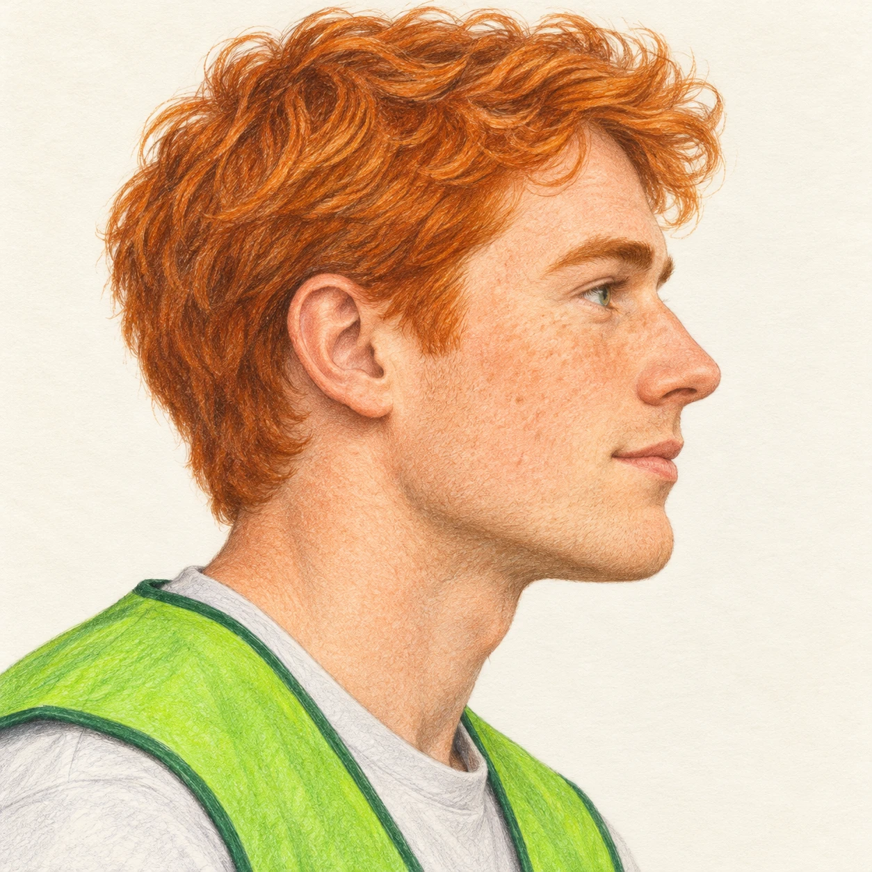 Illustration of one man in a bright green volunteer vest over a t-shirt with ginger hair, his head and shoulders seen in full profile from the side with his gaze level ahead and a calm closed-mouth expression, closely cropped so the head and shoulders fill most of the picture, hands not visible, a plain pale background behind him, the lower edge left as empty background with nothing written on it (colored pencil)