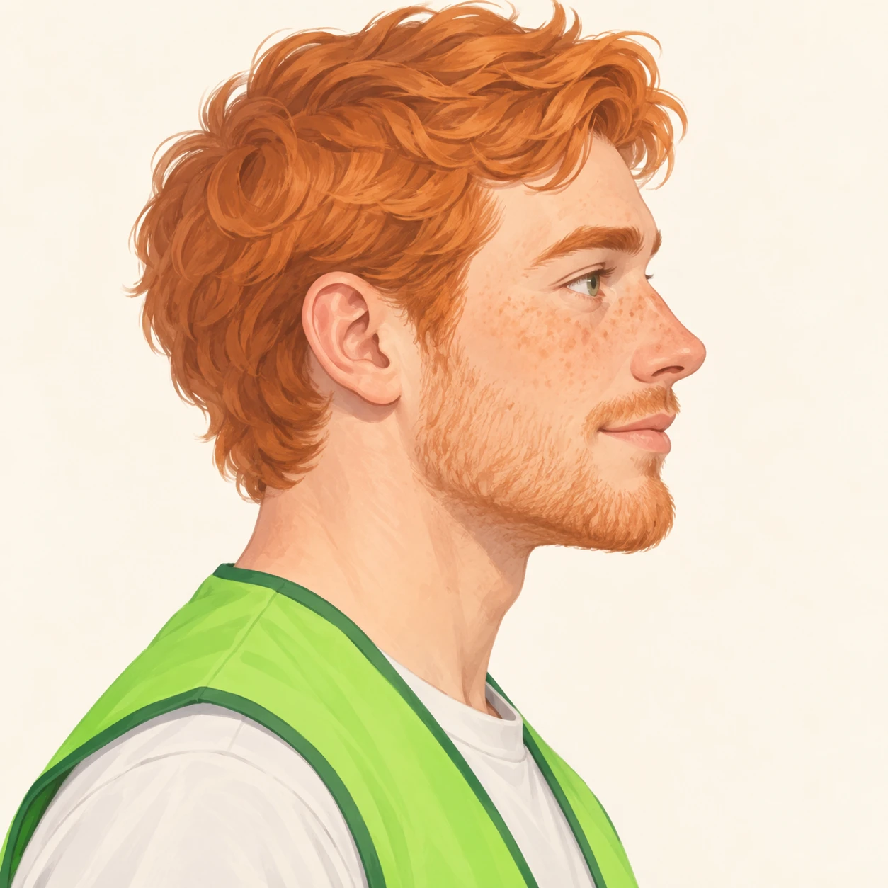 無地を背にした横向きのボランティアのベストの男性のイラスト（ソフトパステル）
