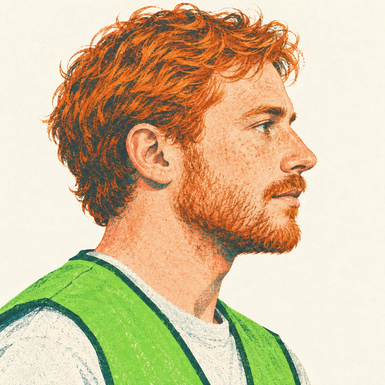 Illustration of one man in a bright green volunteer vest over a t-shirt with ginger hair, his head and shoulders seen in full profile from the side with his gaze level ahead and a calm closed-mouth expression, closely cropped so the head and shoulders fill most of the picture, hands not visible, a plain pale background behind him, the lower edge left as empty background with nothing written on it (retro print)