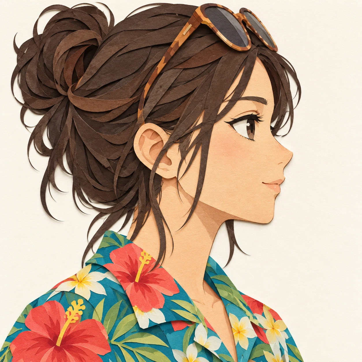 Illustration of one young woman drawn in an anime style in a bright tropical flower-print aloha shirt with sunglasses pushed up onto her hair, her head and shoulders seen in full profile from the side with her gaze level ahead and a calm closed-mouth expression, closely cropped so the head and shoulders fill most of the picture, hands not visible, a plain pale background behind her, the lower edge left as empty background with nothing written on it (paper cut-out)