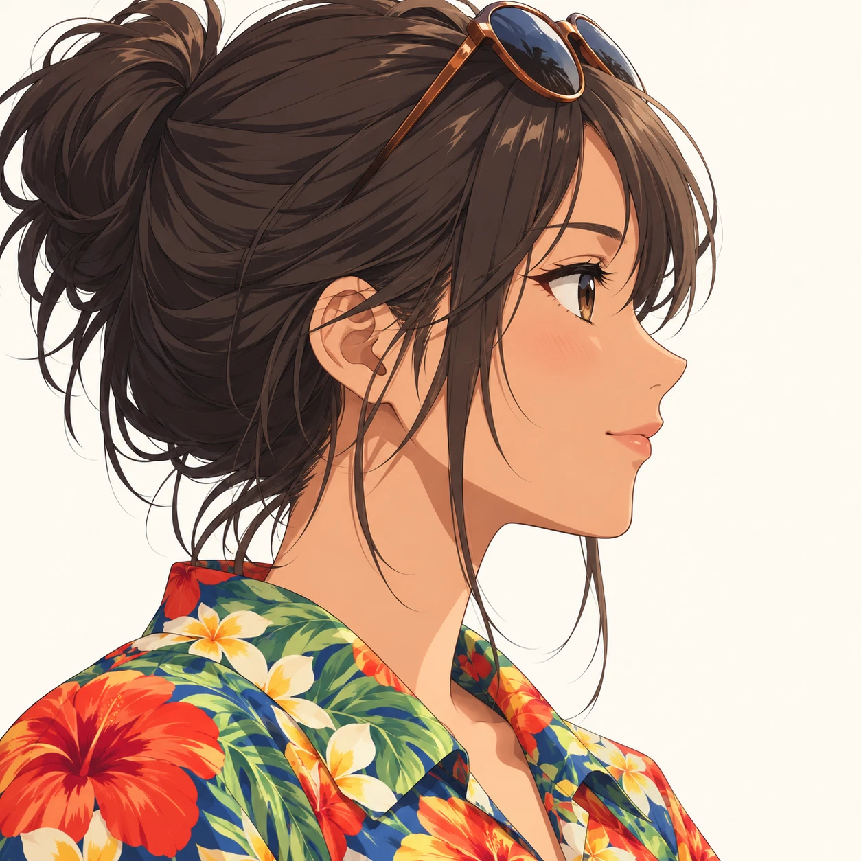 Illustration of one young woman drawn in an anime style in a bright tropical flower-print aloha shirt with sunglasses pushed up onto her hair, her head and shoulders seen in full profile from the side with her gaze level ahead and a calm closed-mouth expression, closely cropped so the head and shoulders fill most of the picture, hands not visible, a plain pale background behind her, the lower edge left as empty background with nothing written on it (anime cel-shaded)