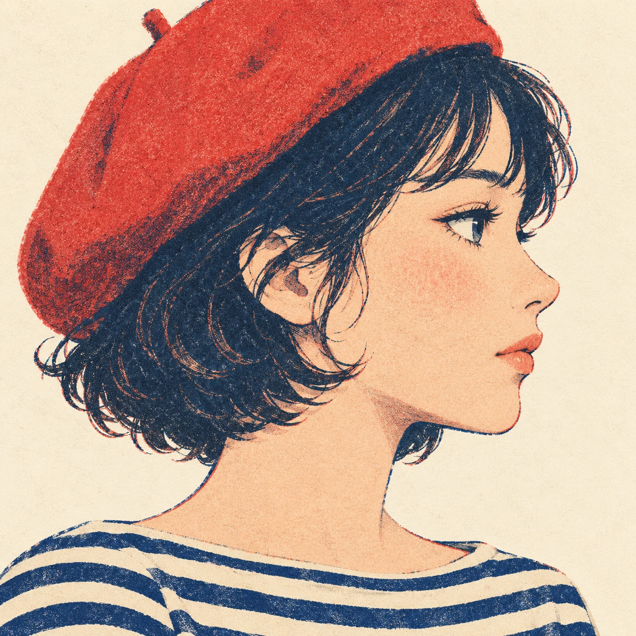 Illustration of one young woman drawn in an anime style in a soft red beret and a navy and white striped boat-neck top with a short wavy bob, her head and shoulders seen in full profile from the side with her gaze level ahead and a calm closed-mouth expression, closely cropped so the head and shoulders fill most of the picture, hands not visible, a plain pale background behind her, the lower edge left as empty background with nothing written on it (retro print)