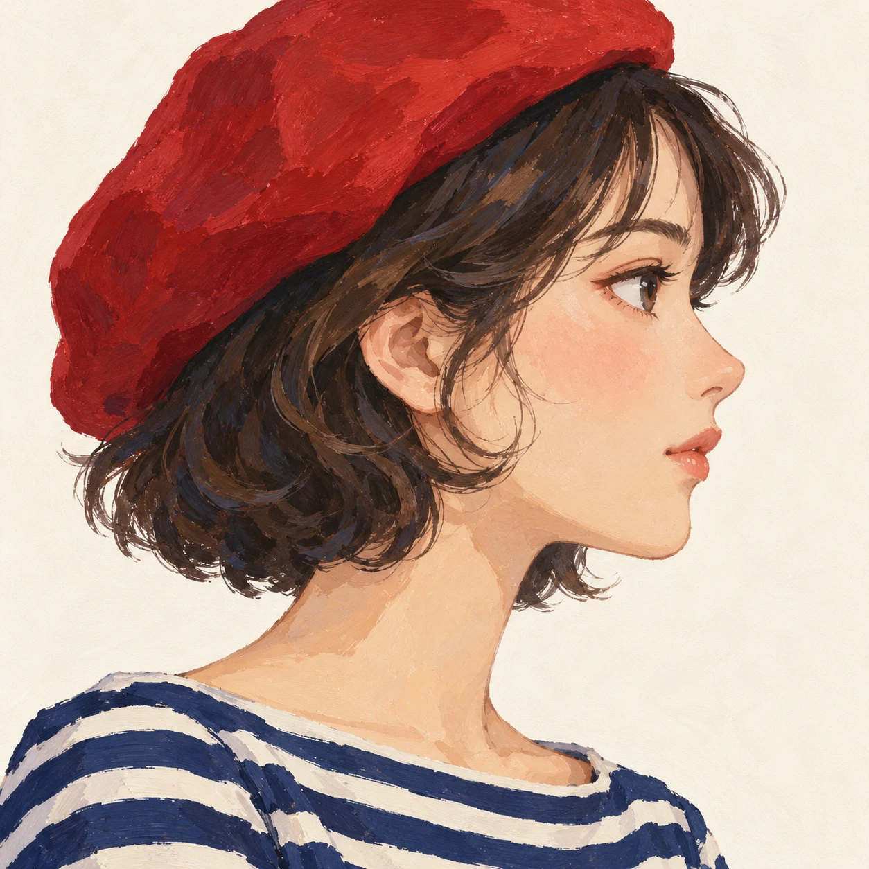 Illustration of one young woman drawn in an anime style in a soft red beret and a navy and white striped boat-neck top with a short wavy bob, her head and shoulders seen in full profile from the side with her gaze level ahead and a calm closed-mouth expression, closely cropped so the head and shoulders fill most of the picture, hands not visible, a plain pale background behind her, the lower edge left as empty background with nothing written on it (gouache)
