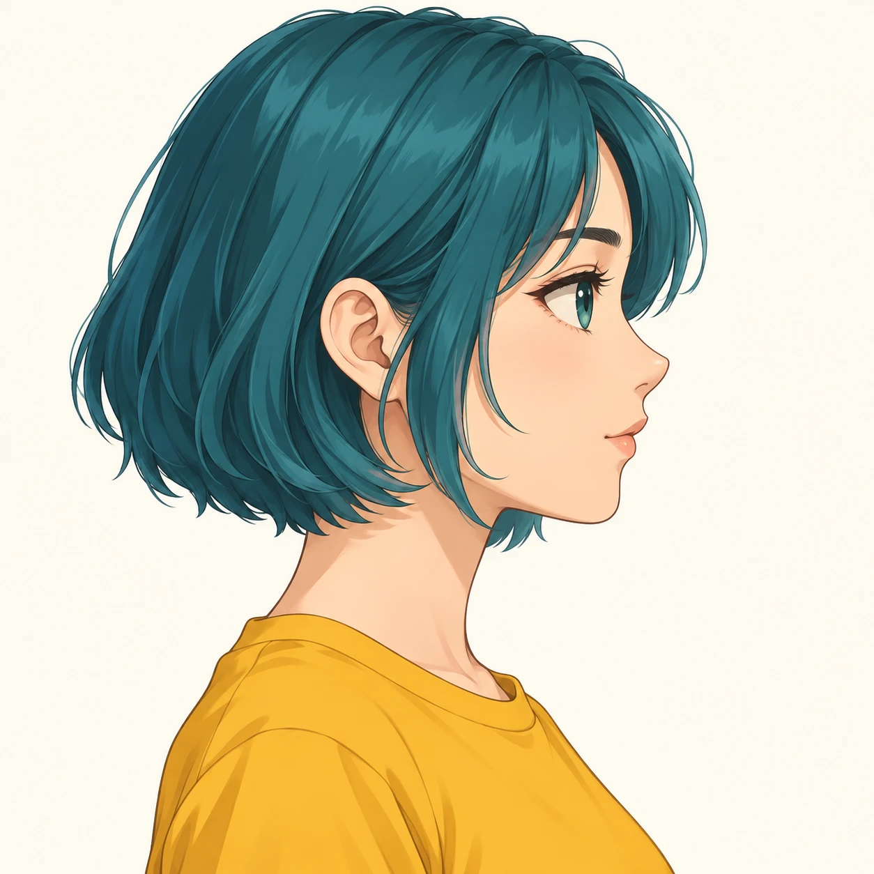 Illustration of one young woman drawn in an anime style in a bright mustard t-shirt with teal hair in a short bob, her head and shoulders seen in full profile from the side with her gaze level ahead and a calm closed-mouth expression, closely cropped so the head and shoulders fill most of the picture, hands not visible, a plain pale background behind her, the lower edge left as empty background with nothing written on it (isometric)