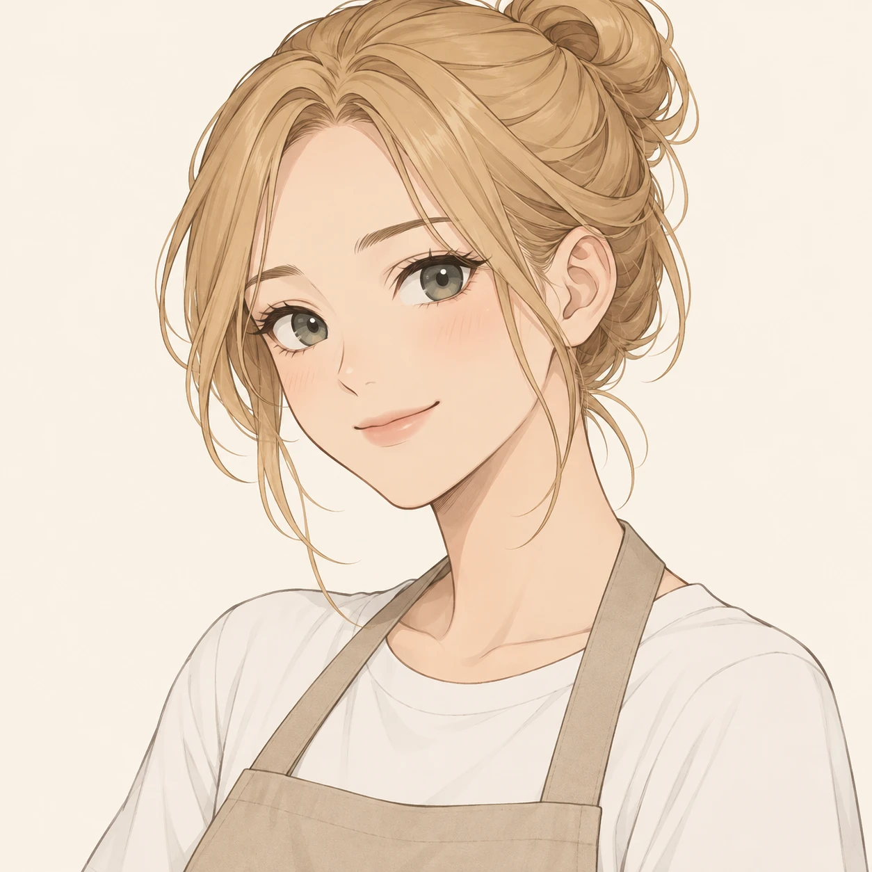 Illustration of one young woman drawn in an anime style in a canvas cafe apron over a plain shirt with honey blonde hair gathered in a bun, her head and shoulders seen at a three-quarter angle with her face turned slightly to one side, both eyes visible and looking at the viewer with a calm closed-mouth smile, closely cropped so the head and shoulders fill most of the picture, hands not visible, a plain pale background behind her, the lower edge left as empty background with nothing written on it (simple line art)