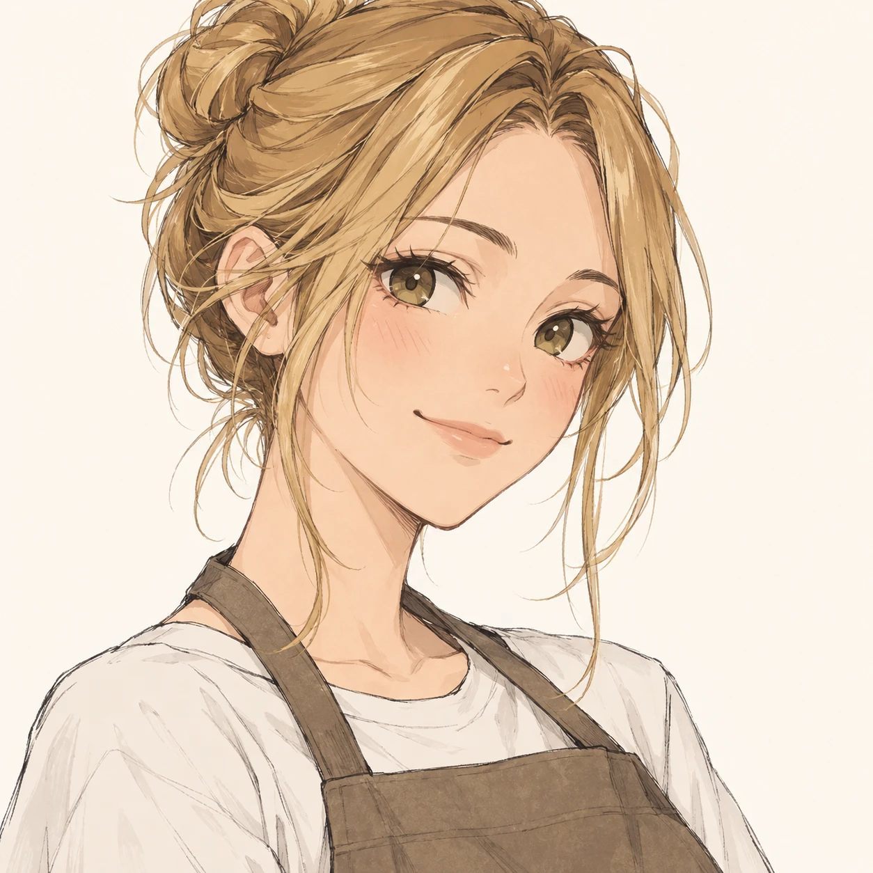 無地を背にした斜め向きのカフェのエプロンの女性のイラスト（手描き風）