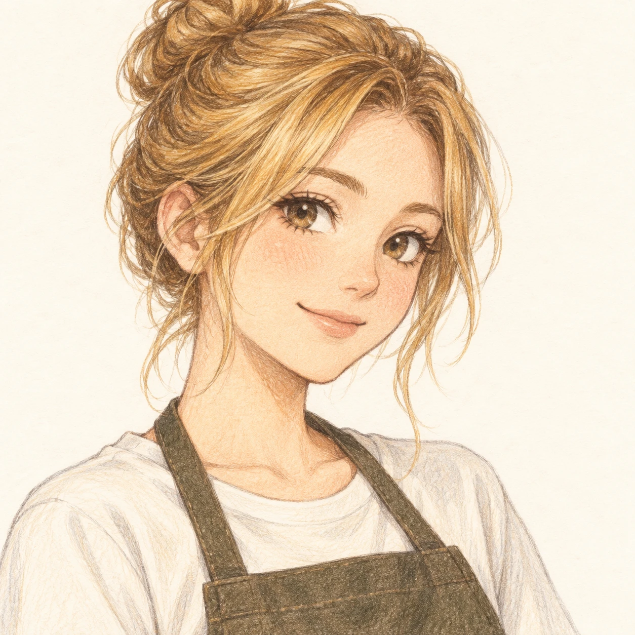 Illustration of one young woman drawn in an anime style in a canvas cafe apron over a plain shirt with honey blonde hair gathered in a bun, her head and shoulders seen at a three-quarter angle with her face turned slightly to one side, both eyes visible and looking at the viewer with a calm closed-mouth smile, closely cropped so the head and shoulders fill most of the picture, hands not visible, a plain pale background behind her, the lower edge left as empty background with nothing written on it (colored pencil)