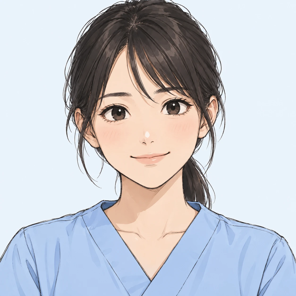 無地を背にした正面向きの水色のスクラブの女性のイラスト（手描き風）