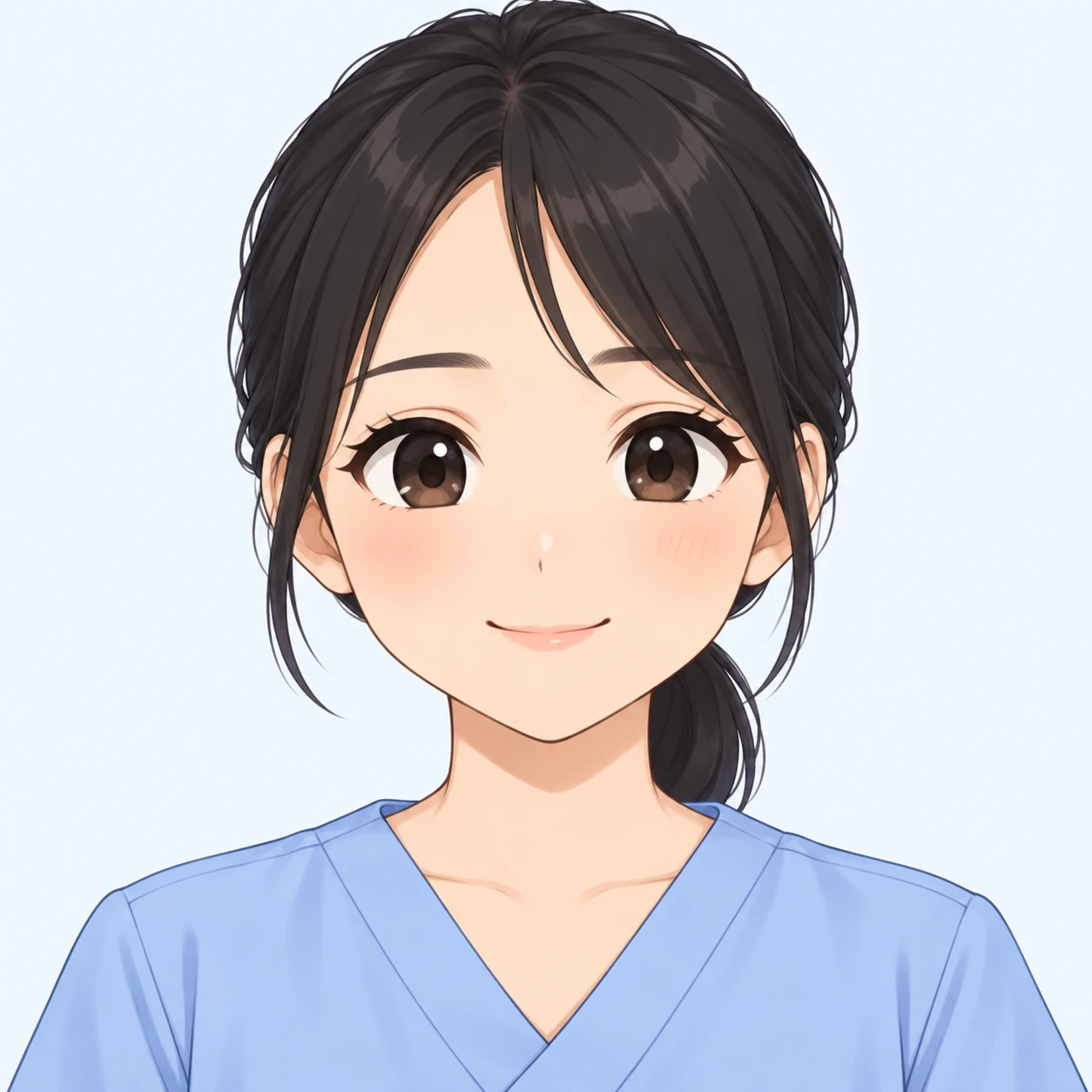 Illustration of one young woman drawn in an anime style in pale blue care-worker scrubs with her black hair tied back, her head and shoulders seen straight from the front with both eyes looking at the viewer and a calm closed-mouth smile, closely cropped so the head and shoulders fill most of the picture, hands not visible, a plain pale background behind her, the lower edge left as empty background with nothing written on it (chibi)