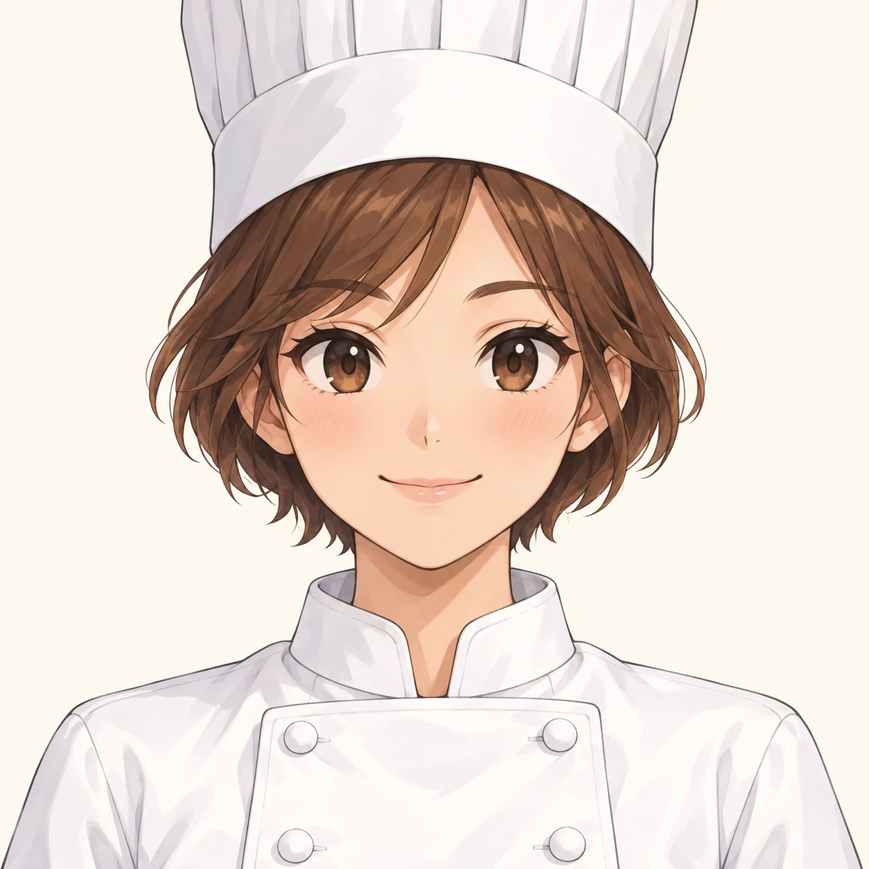 Illustration of one young woman drawn in an anime style in a white chef's jacket and a tall chef's hat over short chestnut hair, her head and shoulders seen straight from the front with both eyes looking at the viewer and a calm closed-mouth smile, closely cropped so the head and shoulders fill most of the picture, hands not visible, a plain pale background behind her, the lower edge left as empty background with nothing written on it (loose cartoon)