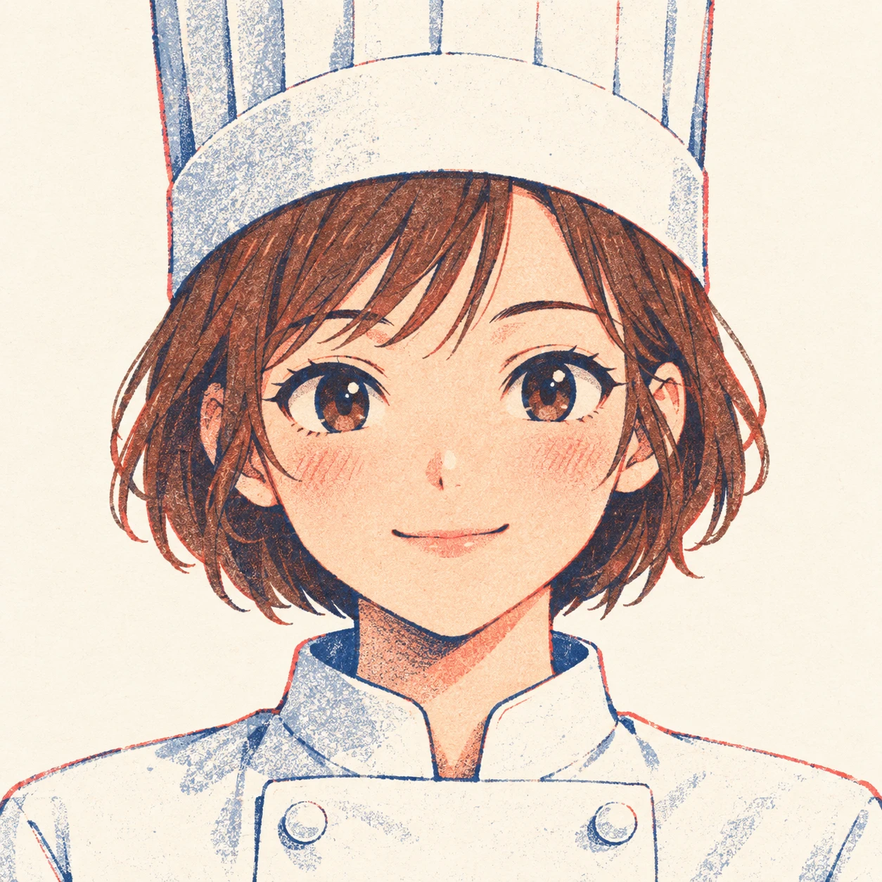 Illustration of one young woman drawn in an anime style in a white chef's jacket and a tall chef's hat over short chestnut hair, her head and shoulders seen straight from the front with both eyes looking at the viewer and a calm closed-mouth smile, closely cropped so the head and shoulders fill most of the picture, hands not visible, a plain pale background behind her, the lower edge left as empty background with nothing written on it (retro print)