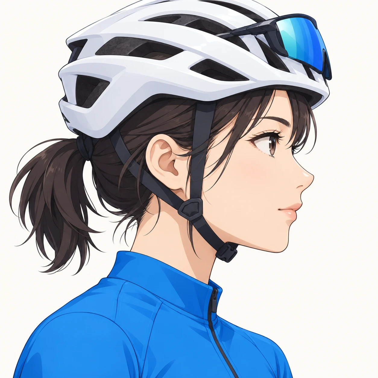 Illustration of one young woman drawn in an anime style in a sleek white cycling helmet and a plain bright blue cycling jersey with sport sunglasses resting on top of the helmet and a short ponytail, her head and shoulders seen in full profile from the side with her gaze level ahead and a calm closed-mouth expression, closely cropped so the head and shoulders fill most of the picture, hands not visible, a plain pale background behind her, the lower edge left as empty background with nothing written on it (flat illustration)