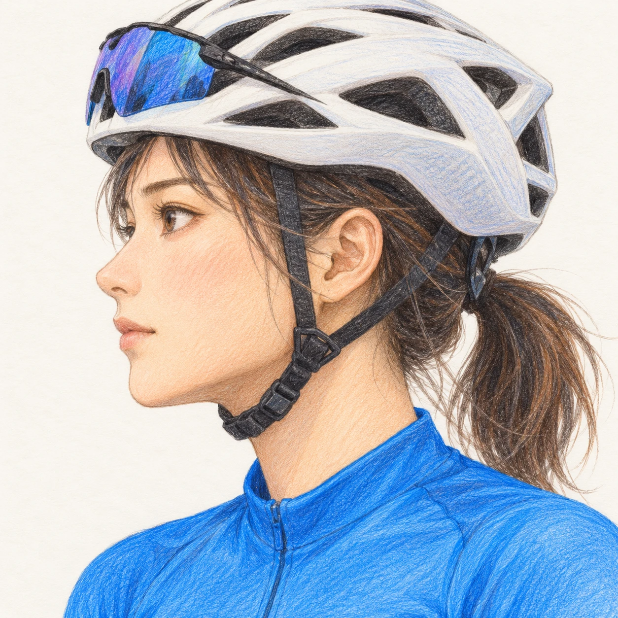 Illustration of one young woman drawn in an anime style in a sleek white cycling helmet and a plain bright blue cycling jersey with sport sunglasses resting on top of the helmet and a short ponytail, her head and shoulders seen in full profile from the side with her gaze level ahead and a calm closed-mouth expression, closely cropped so the head and shoulders fill most of the picture, hands not visible, a plain pale background behind her, the lower edge left as empty background with nothing written on it (colored pencil)