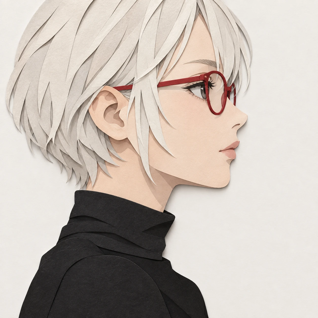 Illustration of one young woman drawn in an anime style in a black turtleneck with red framed glasses and a platinum crop, her head and shoulders seen in full profile from the side with her gaze level ahead and a calm closed-mouth expression, closely cropped so the head and shoulders fill most of the picture, hands not visible, a plain pale background behind her, the lower edge left as empty background with nothing written on it (paper cut-out)
