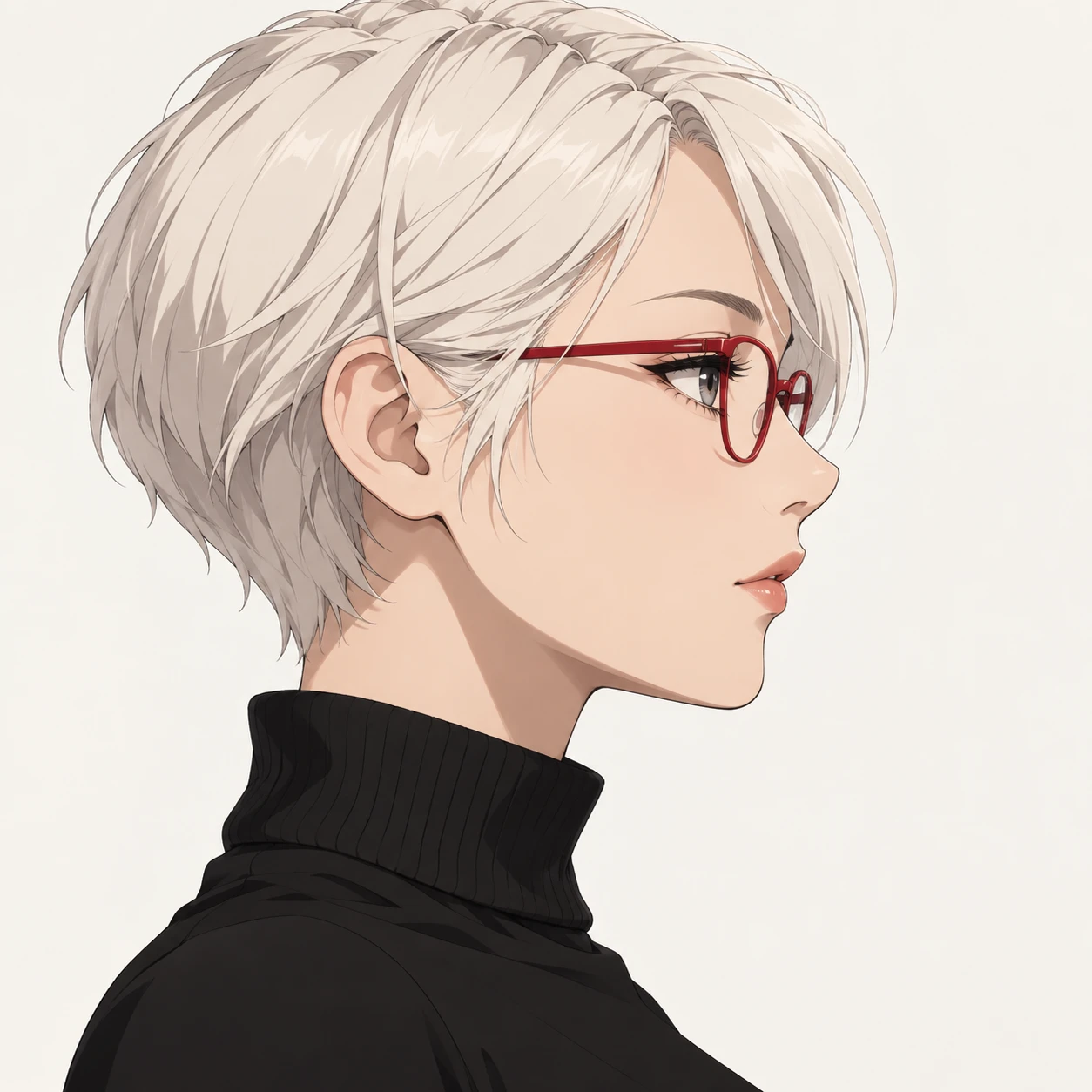 無地を背にした横向きの黒タートルネックと赤縁眼鏡の女性のイラスト（アニメ塗り）