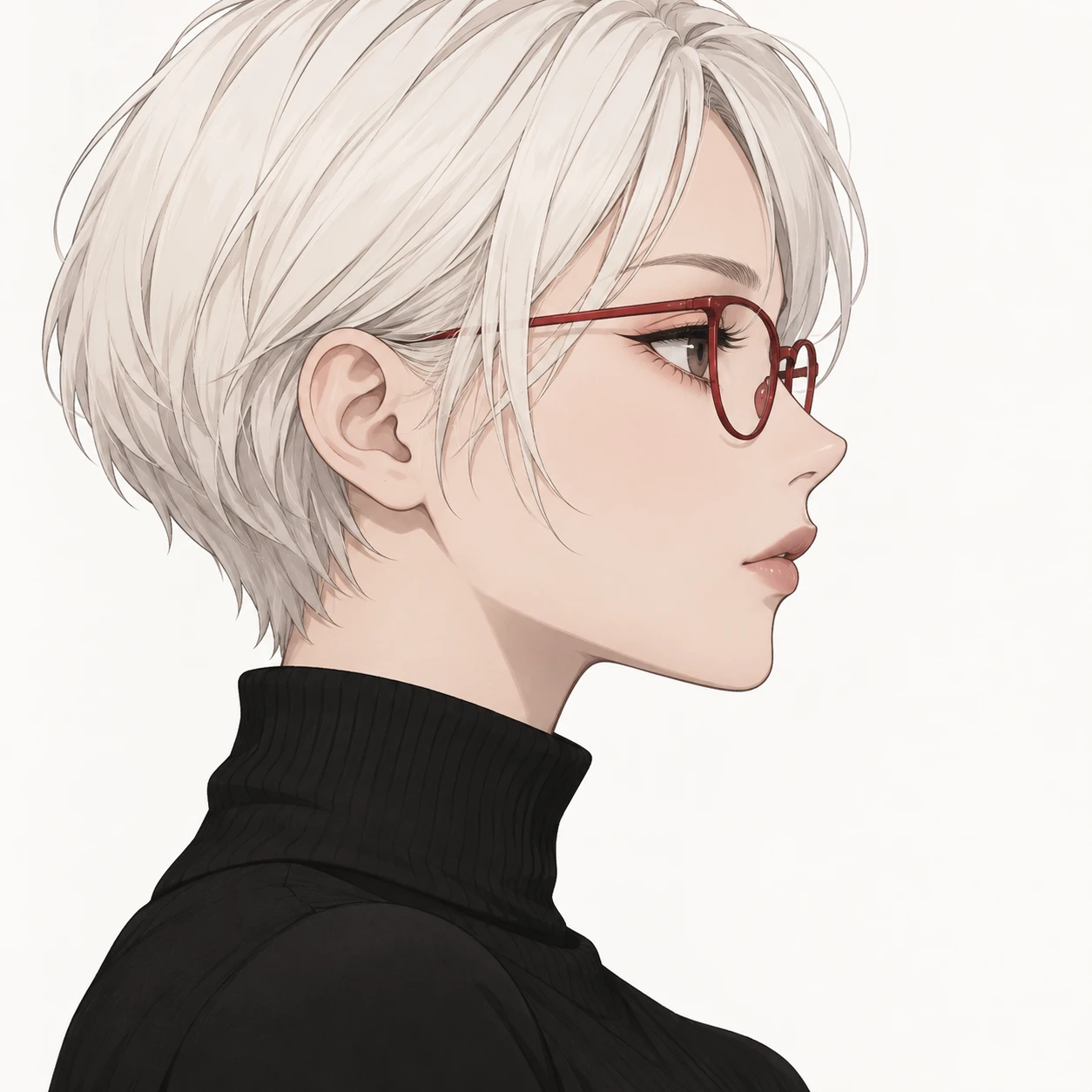 Illustration of one young woman drawn in an anime style in a black turtleneck with red framed glasses and a platinum crop, her head and shoulders seen in full profile from the side with her gaze level ahead and a calm closed-mouth expression, closely cropped so the head and shoulders fill most of the picture, hands not visible, a plain pale background behind her, the lower edge left as empty background with nothing written on it (simple line art)