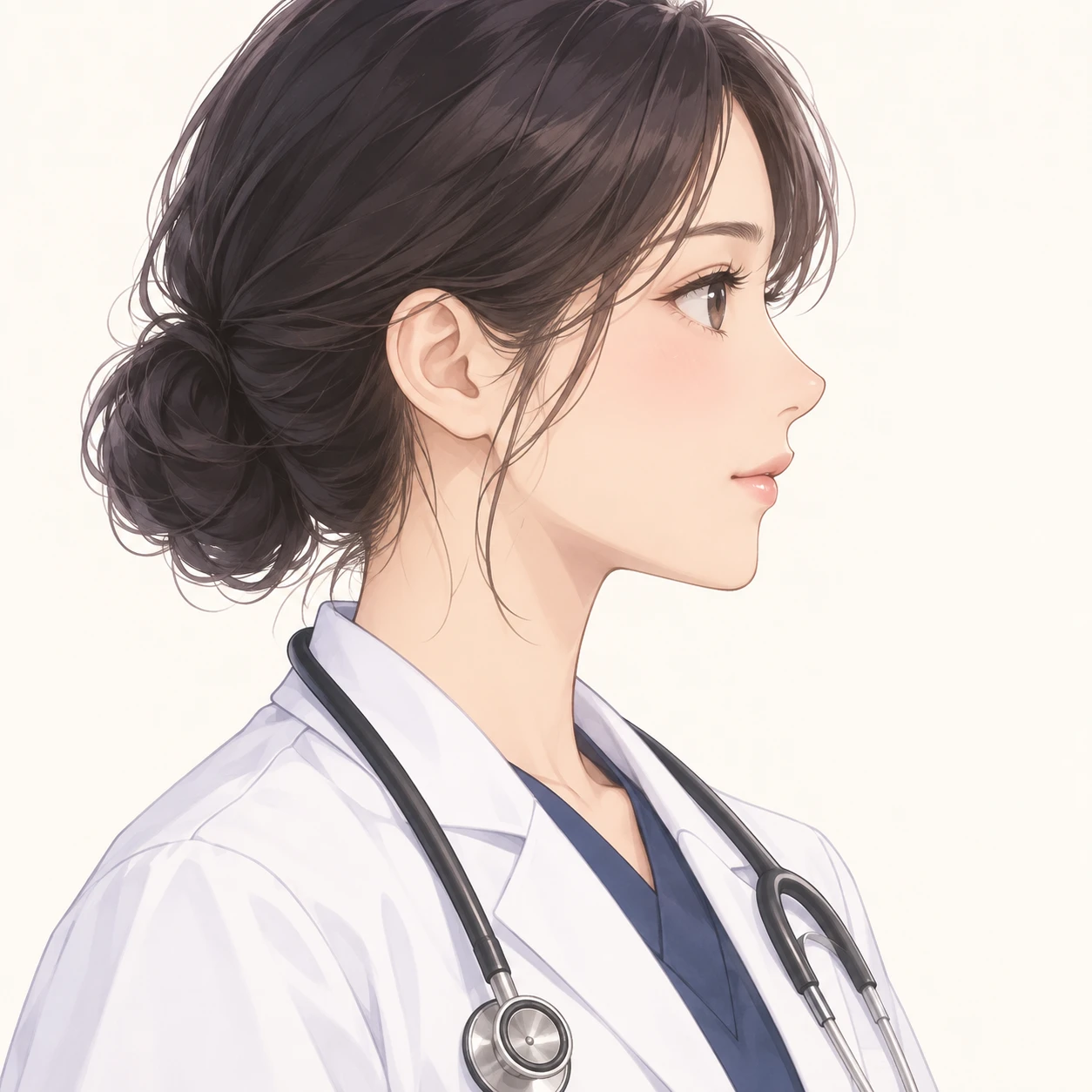 無地を背にした横向きの白衣に聴診器の女性のイラスト（ソフトパステル）