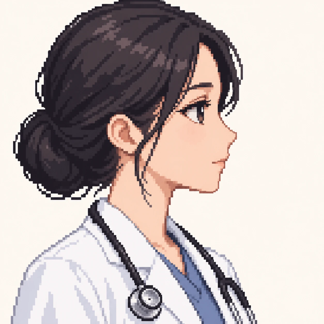 無地を背にした横向きの白衣に聴診器の女性のイラスト（ドット絵）