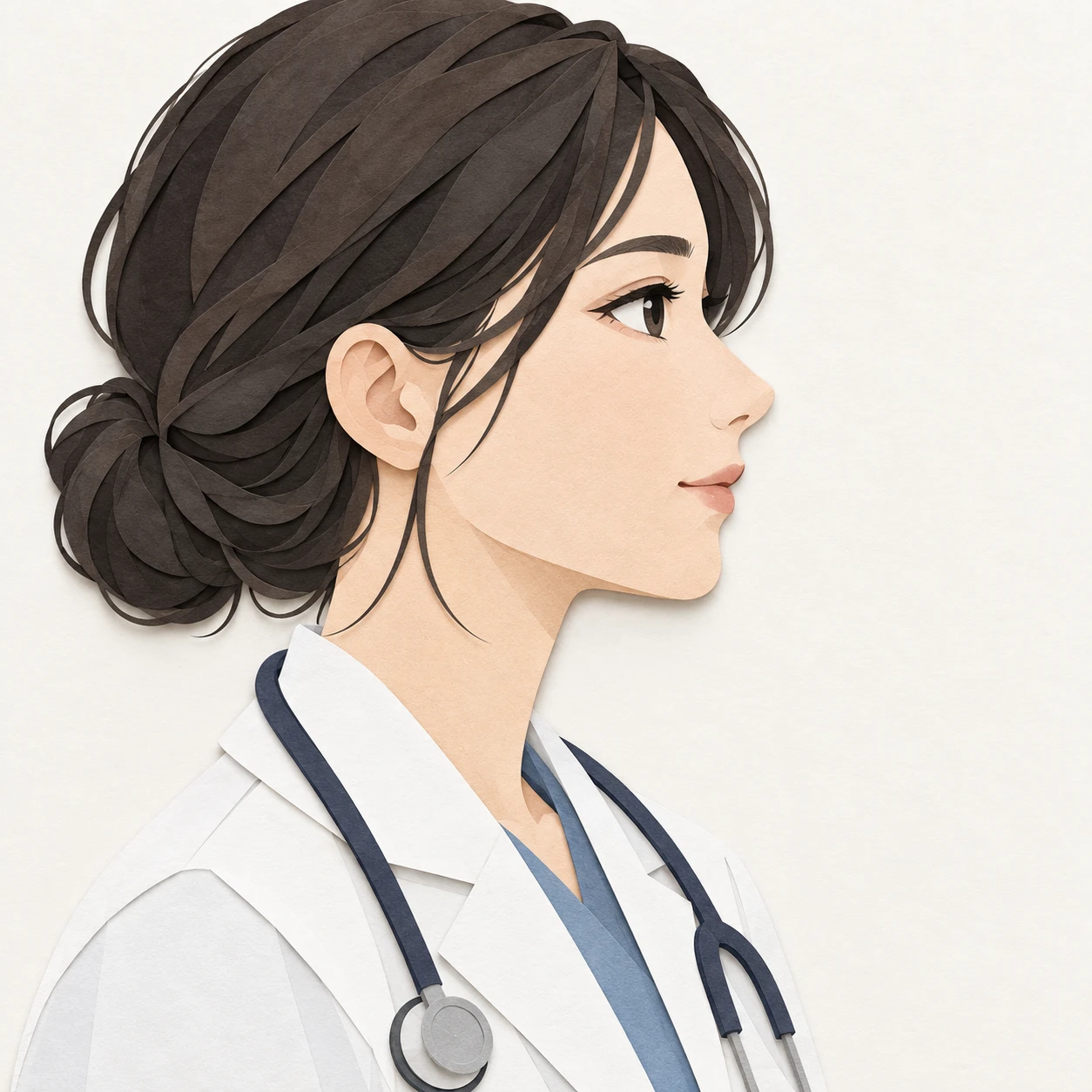 Illustration of one young woman drawn in an anime style in a white medical coat with a stethoscope resting around her neck and neat dark hair, her head and shoulders seen in full profile from the side with her gaze level ahead and a calm closed-mouth expression, closely cropped so the head and shoulders fill most of the picture, hands not visible, a plain pale background behind her, the lower edge left as empty background with nothing written on it (paper cut-out)