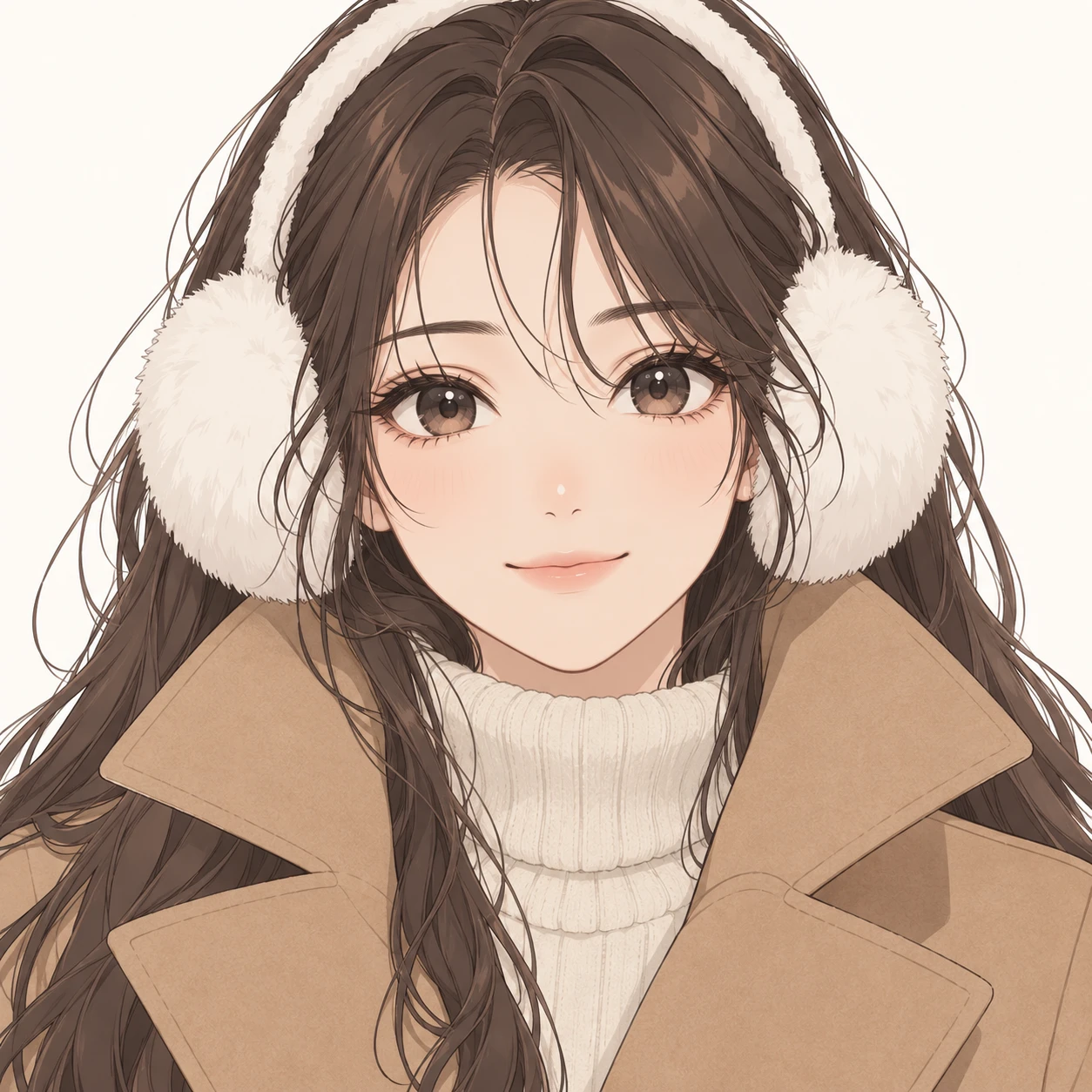 Illustration of one young woman drawn in an anime style in fluffy white earmuffs and a long camel winter coat with the collar turned up, her head and shoulders seen straight from the front with both eyes looking at the viewer and a calm closed-mouth smile, closely cropped so the head and shoulders fill most of the picture, hands not visible, a plain pale background behind her, the lower edge left as empty background with nothing written on it (simple line art)