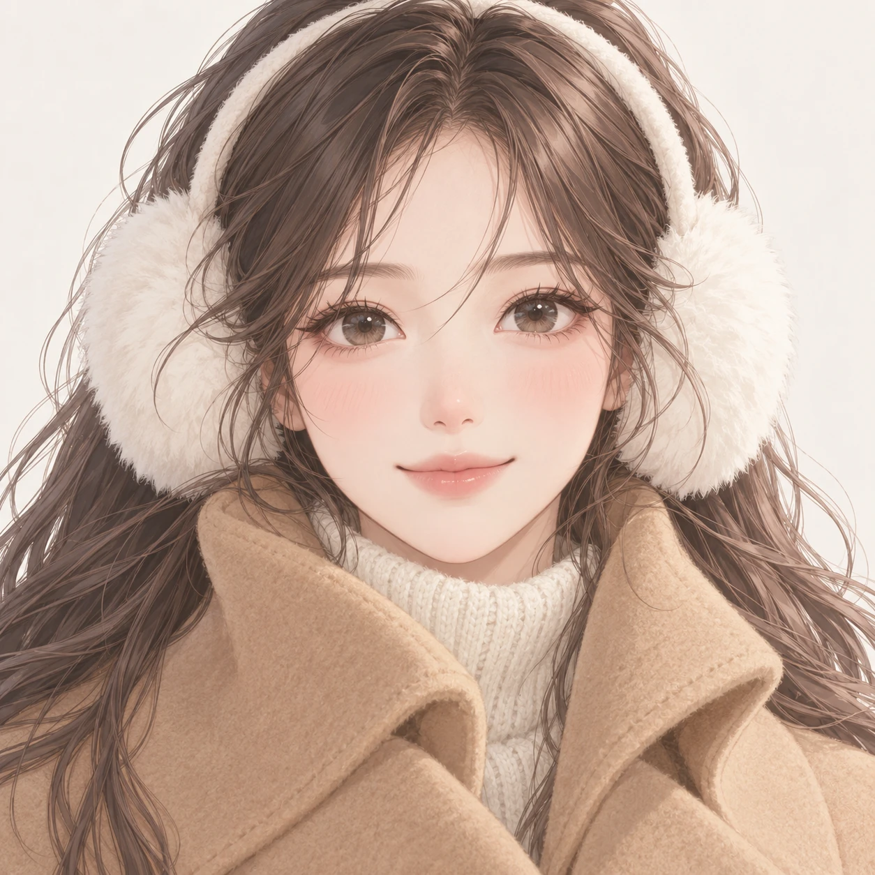 Illustration of one young woman drawn in an anime style in fluffy white earmuffs and a long camel winter coat with the collar turned up, her head and shoulders seen straight from the front with both eyes looking at the viewer and a calm closed-mouth smile, closely cropped so the head and shoulders fill most of the picture, hands not visible, a plain pale background behind her, the lower edge left as empty background with nothing written on it (soft pastel)