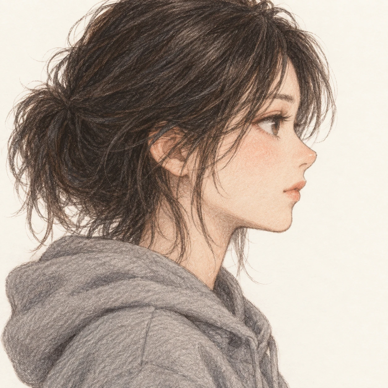 Illustration of one young woman drawn in an anime style in a plain grey hoodie with tousled dark hair, her head and shoulders seen in full profile from the side with her gaze level ahead and a calm closed-mouth expression, closely cropped so the head and shoulders fill most of the picture, hands not visible, a plain pale background behind her, the lower edge left as empty background with nothing written on it (colored pencil)