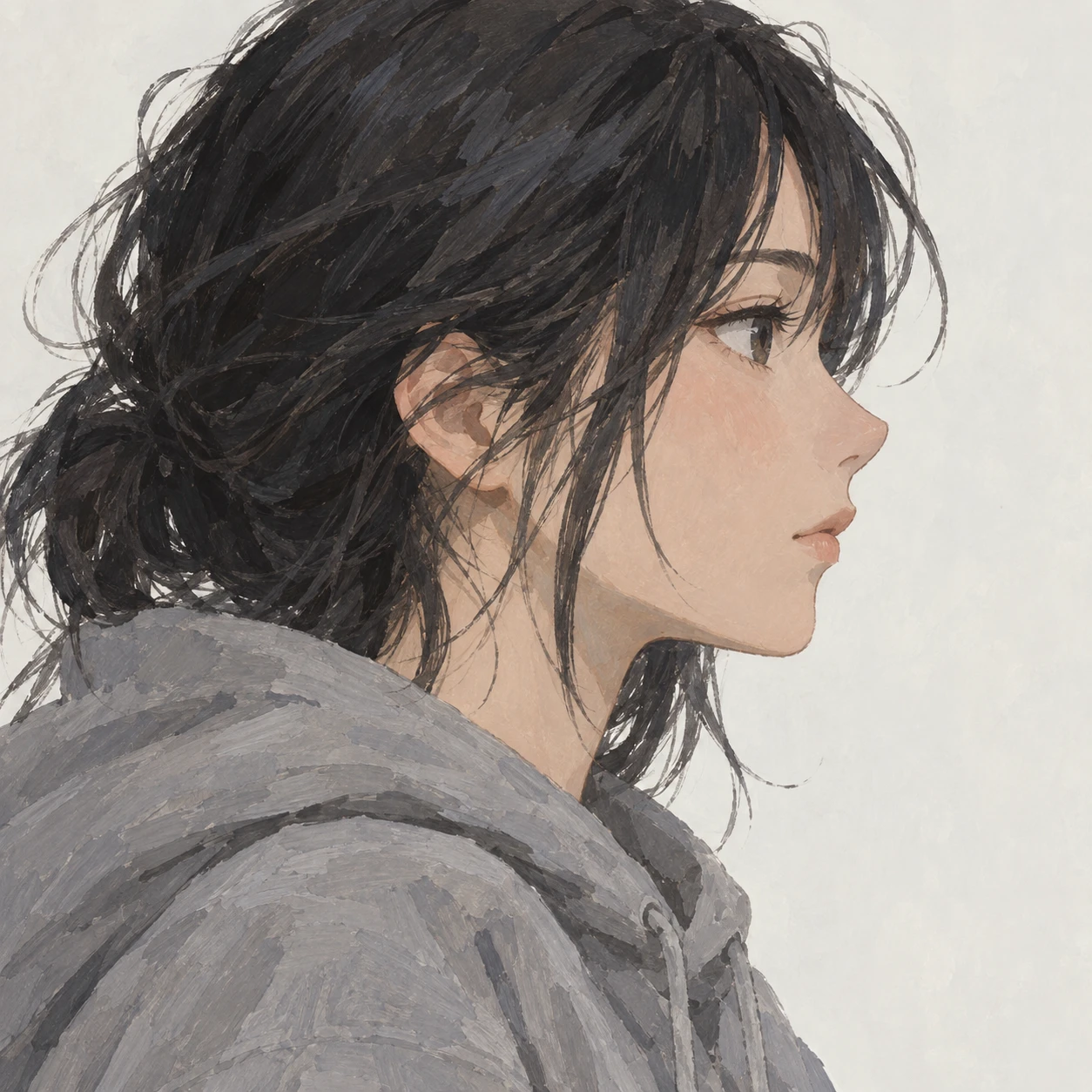 Illustration of one young woman drawn in an anime style in a plain grey hoodie with tousled dark hair, her head and shoulders seen in full profile from the side with her gaze level ahead and a calm closed-mouth expression, closely cropped so the head and shoulders fill most of the picture, hands not visible, a plain pale background behind her, the lower edge left as empty background with nothing written on it (gouache)