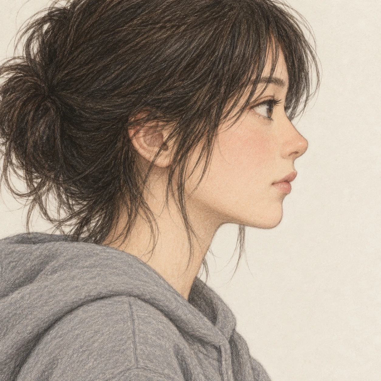 Illustration of one young woman drawn in an anime style in a plain grey hoodie with tousled dark hair, her head and shoulders seen in full profile from the side with her gaze level ahead and a calm closed-mouth expression, closely cropped so the head and shoulders fill most of the picture, hands not visible, a plain pale background behind her, the lower edge left as empty background with nothing written on it (colored pencil)