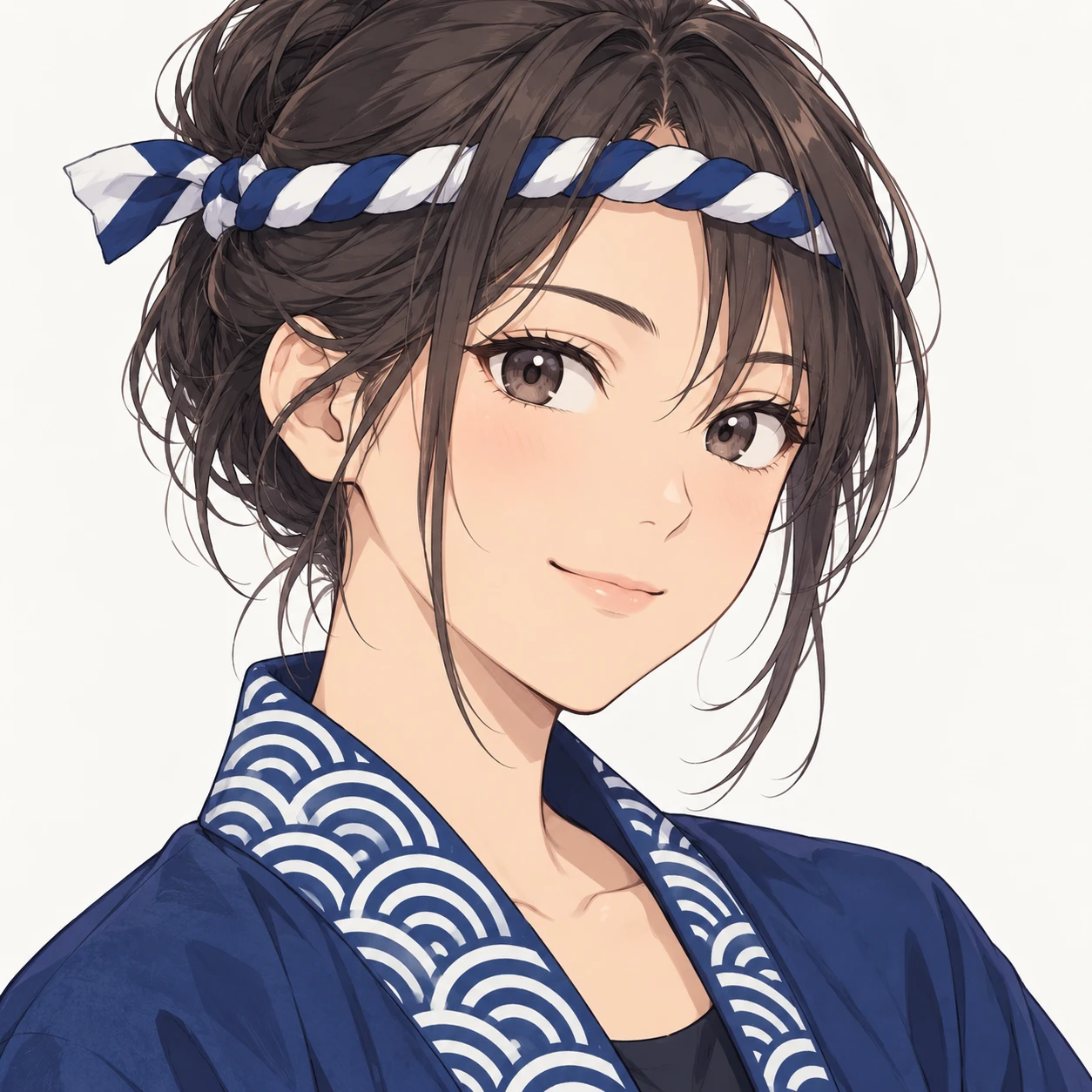 Illustration of one young woman drawn in an anime style in a plain indigo festival happi coat with a white wave pattern along the collar and a twisted cloth headband around her forehead, her head and shoulders seen at a three-quarter angle with her face turned slightly to one side, both eyes visible and looking at the viewer with a calm closed-mouth smile, closely cropped so the head and shoulders fill most of the picture, hands not visible, a plain pale background behind her, the lower edge left as empty background with nothing written on it (simple line art)