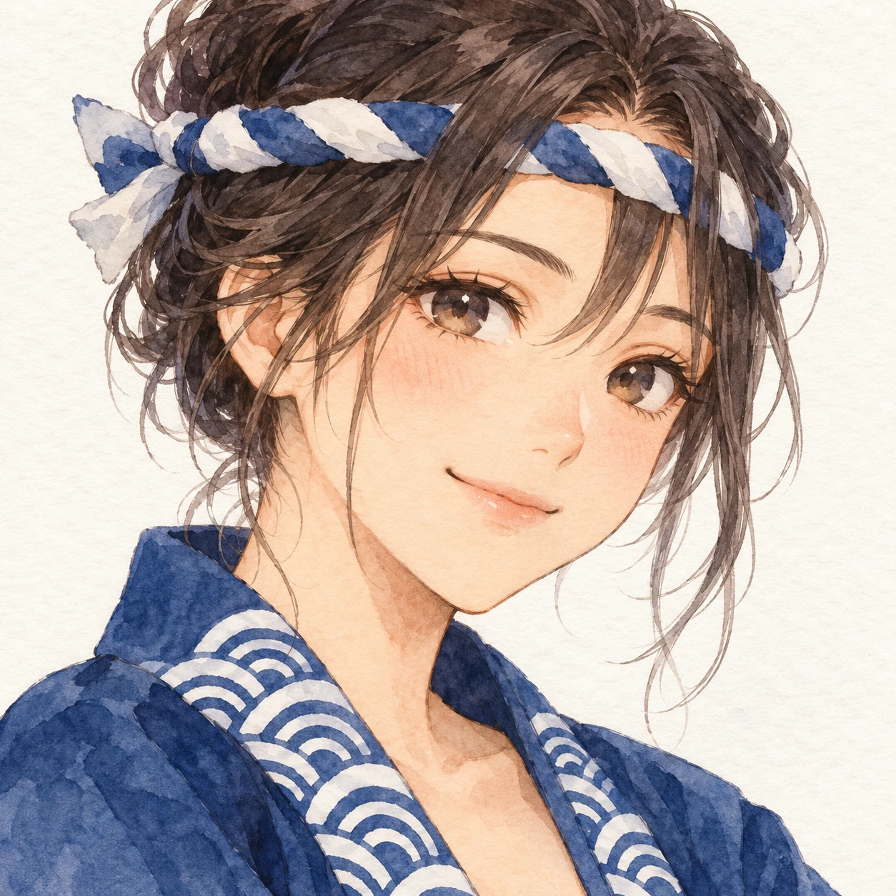 Illustration of one young woman drawn in an anime style in a plain indigo festival happi coat with a white wave pattern along the collar and a twisted cloth headband around her forehead, her head and shoulders seen at a three-quarter angle with her face turned slightly to one side, both eyes visible and looking at the viewer with a calm closed-mouth smile, closely cropped so the head and shoulders fill most of the picture, hands not visible, a plain pale background behind her, the lower edge left as empty background with nothing written on it (watercolor)